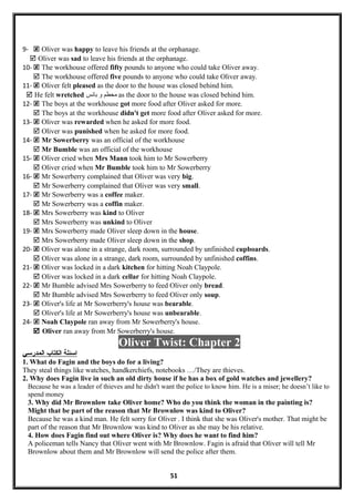 9-  Oliver was happy to leave his friends at the orphanage.
 Oliver was sad to leave his friends at the orphanage.
10-  The workhouse offered fifty pounds to anyone who could take Oliver away.
 The workhouse offered five pounds to anyone who could take Oliver away.
11-  Oliver felt pleased as the door to the house was closed behind him.
 He felt wretched ‫محطم‬‫و‬‫بائس‬ as the door to the house was closed behind him.
12-  The boys at the workhouse got more food after Oliver asked for more.
 The boys at the workhouse didn't get more food after Oliver asked for more.
13-  Oliver was rewarded when he asked for more food.
 Oliver was punished when he asked for more food.
14-  Mr Sowerberry was an official of the workhouse
 Mr Bumble was an official of the workhouse
15-  Oliver cried when Mrs Mann took him to Mr Sowerberry
 Oliver cried when Mr Bumble took him to Mr Sowerberry
16-  Mr Sowerberry complained that Oliver was very big.
 Mr Sowerberry complained that Oliver was very small.
17-  Mr Sowerberry was a coffee maker.
 Mr Sowerberry was a coffin maker.
18-  Mrs Sowerberry was kind to Oliver
 Mrs Sowerberry was unkind to Oliver
19-  Mrs Sowerberry made Oliver sleep down in the house.
 Mrs Sowerberry made Oliver sleep down in the shop.
20-  Oliver was alone in a strange, dark room, surrounded by unfinished cupboards.
 Oliver was alone in a strange, dark room, surrounded by unfinished coffins.
21-  Oliver was locked in a dark kitchen for hitting Noah Claypole.
 Oliver was locked in a dark cellar for hitting Noah Claypole.
22-  Mr Bumble advised Mrs Sowerberry to feed Oliver only bread.
 Mr Bumble advised Mrs Sowerberry to feed Oliver only soup.
23-  Oliver's life at Mr Sowerberry's house was bearable.
 Oliver's life at Mr Sowerberry's house was unbearable.
24-  Noah Claypole ran away from Mr Sowerberry's house.
 Oliver ran away from Mr Sowerberry's house.
Oliver Twist: Chapter 2
‫اسئلة‬‫الكتاب‬‫المدرسي‬
1. What do Fagin and the boys do for a living?
They steal things like watches, handkerchiefs, notebooks …/They are thieves.
2. Why does Fagin live in such an old dirty house if he has a box of gold watches and jewellery?
Because he was a leader of thieves and he didn't want the police to know him. He is a miser; he doesn’t like to
spend money
3. Why did Mr Brownlow take Oliver home? Who do you think the woman in the painting is?
Might that be part of the reason that Mr Brownlow was kind to Oliver?
Because he was a kind man. He felt sorry for Oliver . I think that she was Oliver's mother. That might be
part of the reason that Mr Brownlow was kind to Oliver as she may be his relative.
4. How does Fagin find out where Oliver is? Why does he want to find him?
A policeman tells Nancy that Oliver went with Mr Brownlow. Fagin is afraid that Oliver will tell Mr
Brownlow about them and Mr Brownlow will send the police after them.
51
 