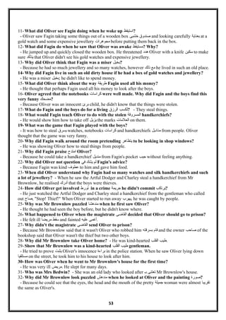 11- What did Oliver see Fagin doing when he woke up ‫?استيقظ‬
- Oliver saw Fagin taking some things out of a wooden box ‫صندوق‬‫خشبى‬ and looking carefully ‫بعناية‬ at a
gold watch and some expensive jewellery ‫مجوهرا ت‬ before putting them back in the box.
12- What did Fagin do when he saw that Oliver was awake ‫?مستيقظ‬ Why?
- He jumped up and quickly closed the wooden box. He threatened ‫هدد‬ Oliver with a knife ‫سكين‬ to make
sure ‫يتأكد‬ that Oliver didn't see his gold watches and expensive jewellery.
13- Why did Oliver think that Fagin was a miser ‫?بخيل‬
- Because he had so much jewellery and so many watches, however ‫مع‬‫ذلك‬ he lived in such an old place.
14- Why did Fagin live in such an old dirty house if he had a box of gold watches and jewellery?
- He was a miser ‫;بخيل‬ he didn't like to spend money.
15- What did Oliver think about the way ‫طريقة‬ Fagin used all his money?
- He thought that perhaps Fagin used all his money to look after the boys.
16- Oliver agreed that the notebooks ‫كراسا ت‬ were well made. Why did Fagin and the boys find this
very funny ‫?مضحك‬
- Because Oliver was an innocent ‫برئ‬ child, he didn't know that the things were stolen.
17- What do Fagin and the boys do for a living ‫لكسب‬‫الرزق‬ ? - They steal things.
18- What would Fagin teach Oliver to do with the stolen ‫المسرولقة‬ handkerchiefs?
- He would show him how to take off ‫يزيل‬ the marks ‫العلما ت‬ on them.
19- What was the game that Fagin played with the boys?
- It was how to steal ‫يسرق‬ watches, notebooks ‫كراسا ت‬ and handkerchiefs ‫مناديل‬ from people. Oliver
thought that the game was very funny.
20- Why did Fagin walk around the room pretending ‫يتظاهر‬ to be looking in shop windows?
- He was showing Oliver how to steal things from people.
21- Why did Fagin praise ‫امتدح‬ Oliver?
- Because he could take a handkerchief ‫منديل‬ from Fagin's pocket ‫جيب‬ without feeling anything.
22- Why did Oliver not question ‫لم‬‫يشك‬‫في‬ Fagin's advice?
- Because Fagin was kind ‫عطوف‬ to him and gave him food.
23- When did Oliver understand why Fagin had so many watches and silk handkerchiefs and such
a lot of jewellery? - When he saw the Artful Dodger and Charley steal a handkerchief from Mr
Brownlow, he realised ‫أدرك‬ that the boys were thieves.
24- How did Oliver get involved ‫تورط‬ in a crime ‫جريمة‬ he didn't commit ‫?يرتكب‬
- He just watched the Artful Dodger and Charley steal a handkerchief from the gentleman who called
out ‫,صاح‬ "Stop! Thief!" When Oliver started to run away ‫,يهرب‬ he was caught by people.
25- Why was Mr Brownlow puzzled ‫مندهشا‬ when he first saw Oliver?
- He thought he had seen the boy before, but he didn't know where.
26- What happened to Oliver when the magistrate ‫القاضى‬ decided that Oliver should go to prison?
- He felt ill ‫سقط‬‫مريضا‬ and fainted ‫أغمى‬‫عليه‬ .
27- Why didn't the magistrate ‫القاضى‬ send Oliver to prison?
- Because Mr Brownlow said that it wasn't Oliver who robbed him ‫لقام‬‫بسرلقته‬ and the owner ‫صاحب‬ of the
bookshop said that Oliver wasn't the thief but two other boys.
28- Why did Mr Brownlow take Oliver home? - He was kind-hearted ‫طيب‬‫القلب‬ .
29- Show that Mr Brownlow was a kind-hearted ‫طيب‬‫القلب‬ gentleman.
- He tried to prove ‫يثبت‬ Oliver's innocence ‫براءة‬ in the police station. When he saw Oliver lying down
‫مستلقيا‬ on the street, he took him to his house to look after him.
30- How was Oliver when he went to Mr Brownlow's house for the first time?
- He was very ill ‫.مريض‬ He slept for many days.
31- Who was Mrs Bedwin? - She was an old lady who looked after ‫تعتنى‬‫بـ‬ Mr Brownlow's house.
32- Why did Mr Brownlow look puzzled ‫مندهش‬ when he looked at Oliver and the painting ‫?صورة‬
- Because he could see that the eyes, the head and the mouth of the pretty ‫جميلة‬ woman were almost ‫تقريبا‬
the same as Oliver's.
53
 