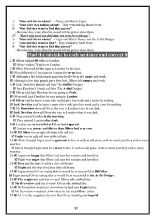 1- Who said this to whom? - Nancy said this to Fagin.
2- Who were they talking about? - They were talking about Oliver.
3- Why did they want to find that person?
- Because they were afraid he would tell the police about them.
27- "Don't stop until you find him, not even for a minute."
1- Who said this to whom? - Fagin said this to Nancy and the Artful Dodger.
2- Who did they want to find? - They wanted to find Oliver.
3- Why did they want to find that person?
- Because they were afraid he would tell the police about them.
Find the mistake in each sentence and correct it
1- Oliver walked 80 miles to London.
 Oliver walked 70 miles to London.
2- Olive followed ‫تتبع‬ the signs to London for six days.
 Olive followed ‫تتبع‬ the signs to London for seven days.
3- Although a few kind people gave him food, Oliver felt angry and weak.
 Although a few kind people gave him food, Oliver felt hungry and weak.
4- Jack Dawkins's friends call him 'The Skillful Dodger'.
 Jack Dawkins's friends call him 'The Artful Dodger'.
5- Oliver told Jack Dawkins he was going to Paris.
 Oliver told Jack Dawkins he was going to London.
6- Oliver said he knew a man who would give him work and a room for nothing.
 Jack Dawkins said he knew a man who would give him work and a room for nothing.
7- Mr Brownlow showed Oliver the way to London when it was dark.
 Jack Dawkins showed Oliver the way to London when it was dark.
8- They entered London in the morning.
 They entered London after dark.
9- London was as beautiful as Oliver had expected.
 London was poorer and dirtier than Oliver had ever seen.
10- Bill Sikes was an ugly old man with red hair.
 Fagin was an ugly old man with red hair.
11- Oliver thought Fagin must be generous to live in such an old place, with so much jewellery and so many
watches.
 Oliver thought Fagin must be a miser to live in such an old place, with so much jewellery and so many
watches.
12- Fagin was happy that Oliver had seen his watches and jewellery.
 Fagin was angry that Oliver had seen his watches and jewellery.
13- Rose and the boys lived in a dirty old house.
 Fagin and the boys lived in a dirty old house.
14- Fagin praised Oliver saying that he would be as successful as Bill Sikes.
 Fagin praised Oliver saying that he would be as successful as the Artful Dodger.
15- The magistrate said that it wasn't Oliver who robbed him.
 Mr Brownlow said that it wasn't Oliver who robbed him.
16- Mr Brownlow wondered ‫تساءل‬ where he had seen Fagin before.
 Mr Brownlow wondered ‫تساءل‬ where he had seen Oliver before.
17- At first, the magistrate decided that Oliver should go to hospital.
57
 