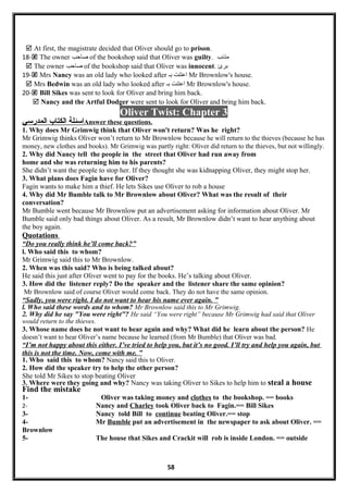  At first, the magistrate decided that Oliver should go to prison.
18- The owner ‫صاحب‬ of the bookshop said that Oliver was guilty. ‫مذنب‬
 The owner ‫صاحب‬ of the bookshop said that Oliver was innocent. ‫برئ‬
19- Mrs Nancy was an old lady who looked after ‫اعتنت‬‫بـ‬ Mr Brownlow's house.
 Mrs Bedwin was an old lady who looked after ‫اعتنت‬‫بـ‬ Mr Brownlow's house.
20- Bill Sikes was sent to look for Oliver and bring him back.
 Nancy and the Artful Dodger were sent to look for Oliver and bring him back.
Oliver Twist: Chapter 3
‫المدرسي‬ ‫الكتاب‬ ‫اسئلة‬Answer these questions.
1. Why does Mr Grimwig think that Oliver won't return? Was he right?
Mr Grimwig thinks Oliver won’t return to Mr Brownlow because he will return to the thieves (because he has
money, new clothes and books). Mr Grimwig was partly right: Oliver did return to the thieves, but not willingly.
2. Why did Nancy tell the people in the street that Oliver had run away from
home and she was returning him to his parents?
She didn’t want the people to stop her. If they thought she was kidnapping Oliver, they might stop her.
3. What plans does Fagin have for Oliver?
Fagin wants to make him a thief. He lets Sikes use Oliver to rob a house
4. Why did Mr Bumble talk to Mr Brownlow about Oliver? What was the result of their
conversation?
Mr Bumble went because Mr Brownlow put an advertisement asking for information about Oliver. Mr
Bumble said only bad things about Oliver. As a result, Mr Brownlow didn’t want to hear anything about
the boy again.
Quotations
“Do you really think he’ll come back?”
l. Who said this to whom?
Mr Grimwig said this to Mr Brownlow.
2. When was this said? Who is being talked about?
He said this just after Oliver went to pay for the books. He’s talking about Oliver.
3. How did the listener reply? Do the speaker and the listener share the same opinion?
Mr Brownlow said of course Oliver would come back. They do not have the same opinion.
“Sadly, you were right. I do not want to hear his name ever again. ”
l. Who said these words and to whom? Mr Brownlow said this to Mr Grimwig.
2. Why did he say "You were right"? He said “You were right” because Mr Grimwig had said that Oliver
would return to the thieves.
3. Whose name does he not want to hear again and why? What did he learn about the person? He
doesn’t want to hear Oliver’s name because he learned (from Mr Bumble) that Oliver was bad.
“I’m not happy about this either. I’ve tried to help you, but it’s no good. I’ll try and help you again, but
this is not the time. Now, come with me. ”
1. Who said this to whom? Nancy said this to Oliver.
2. How did the speaker try to help the other person?
She told Mr Sikes to stop beating Oliver
3. Where were they going and why? Nancy was taking Oliver to Sikes to help him to steal a house
Find the mistake
1- Oliver was taking money and clothes to the bookshop. == books
2- Nancy and Charley took Oliver back to Fagin.== Bill Sikes
3- Nancy told Bill to continue beating Oliver.== stop
4- Mr Bumble put an advertisement in the newspaper to ask about Oliver. ==
Brownlow
5- The house that Sikes and Crackit will rob is inside London. == outside
58
 