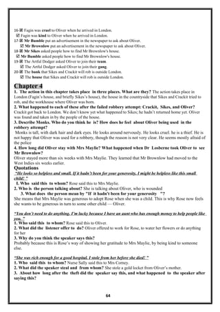 16- Fagin was cruel to Oliver when he arrived in London.
 Fagin was kind to Oliver when he arrived in London.
17- Mr Bumble put an advertisement in the newspaper to ask about Oliver.
 Mr Brownlow put an advertisement in the newspaper to ask about Oliver.
18- Mr Sikes asked people how to find Mr Brownlow's house.
 Mr Bumble asked people how to find Mr Brownlow's house.
19- The Artful Dodger asked Oliver to join their team.
 The Artful Dodger asked Oliver to join their gang.
20- The bank that Sikes and Crackit will rob is outside London.
 The house that Sikes and Crackit will rob is outside London.
Chapter 4
1. The action in this chapter takes place in three places. What are they? The action takes place in
London (Fagin’s house, and briefly Sikes’s house), the house in the countryside that Sikes and Crackit tried to
rob, and the workhouse where Oliver was born.
2. What happened to each of these after the failed robbery attempt: Crackit, Sikes, and Oliver?
Crackit got back to London. We don’t know yet what happened to Sikes; he hadn’t returned home yet. Oliver
was found and taken in by the people of the house.
3. Describe Monks. Who do you think he is? How does he feel about Oliver being used in the
robbery attempt?
Monks is tall, with dark hair and dark eyes. He looks around nervously. He looks cruel. he is a thief. He is
not happy that Oliver was used for a robbery, though the reason is not very clear. He seems mostly afraid of
the police
4. How long did Oliver stay with Mrs Maylie? What happened when Dr Losberne took Oliver to see
Mr Brownlow?
Oliver stayed more than six weeks with Mrs Maylie. They learned that Mr Brownlow had moved to the
West Indies six weeks earlier.
Quotations
“He looks so helpless and small. If it hadn’t been for your generosity, I might be helpless like this small
child! ”
I. Who said this to whom? Rose said this to Mrs Maylie.
2. Who is the person talking about? She is talking about Oliver, who is wounded
3. What does the person mean by "If it hadn't been for your generosity "?
She means that Mrs Maylie was generous to adopt Rose when she was a child. This is why Rose now feels
she wants to be generous in turn to some other child — Oliver.
“You don’t need to do anything. I’m lucky because I have an aunt who has enough money to help people like
you. ”
1. Who said this to whom? Rose said this to Oliver.
2. What did the listener offer to do? Oliver offered to work for Rose, to water her flowers or do anything
for her
3. Why do you think the speaker says this?
Probably because this is Rose’s way of showing her gratitude to Mrs Maylie, by being kind to someone
else.
“She was rich enough for a good hospital. I stole from her before she died! ”
1. Who said this to whom? Nurse Sally said this to Mrs Corney.
2. What did the speaker steal and from whom? She stole a gold locket from Oliver’s mother.
3. About how long after the theft did the speaker say this, and what happened to the speaker after
saying this?
64
 