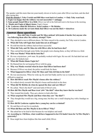 The speaker said this more than ten years/nearly eleven or twelve years after Oliver was born, and she died
after saying this.
Find the mistake l. Toby Crackit and Bill Sikes went back to London. == Only Toby went back
2. Fagin was happy that the robbery was not successful.== unhappy
3. Some people found Oliver in a field. Oliver was left in the field and went to the house in the morning.
4. Monks met Fagin at Sikes's house. Fagin’s house.
5. Dr Losberne called the detectives from London.== Mr Brittles
6. Dr Losberne made the servants think that Oliver was not the thief.== detectives
Answer these questions
1. How did Toby Crackit and Mr Sikes mislead ‫ضللوا‬ (make it harder for) anyone who
was following them after the robbery attempt? ‫محاولة‬
• They decided to run to different places. Mr Sikes stayed in the country, but Toby went to London.
2. What did Toby tell Fagin that made him not at all happy?
• He told him that the robbery had not been successful.
3. What did Toby and Mr Sikes do with Oliver after he had been shot?
• They carried him through some fields, but people were chasing them, so they left him in a field.
4. Who was Monks? What did he look like?
• He was a mysterious ‫غامض‬ man. He probably worked with Fagin. He was tall. He had dark hair and
dark eyes. He looked cruel.
5. What did Monks blame Fagin for?
• He blamed him for not keeping Oliver with his gang.
6. Why was Monks worried when he knew that Oliver had been shot?
• Because if Oliver was dead, the police would look for them.
7. What happened to Oliver when Mr Sikes and Toby left him in the field?
• He was unconscious. When he woke up, his arm hurt badly and he was so weak that he found it
difficult to stand up.
8. How did Oliver reach Mrs Maylie's house after the robbery?
• He walked slowly towards Mrs Maylie's house and knocked on the door.
9. What did Mr Brittles do when he opened the door and saw Oliver?
• He called, "Here's the thief!" and took hold of Oliver's arm.
10. How did Mrs Maylie and Rose treat ‫عاملوا‬ "the thief" when they knew that he was hurt?
• They treated him kindly. They got a doctor to look after him.
11. What surprised Mrs Maylie and Rose when they saw "the thief"?
• They thought they would see a big, strong man, but they saw a small sleeping boy with a bandage on
his arm.
12. How did Dr Losberne explain that a young boy can be a criminal?
• He said that evil can live in anybody.
13. What did Rose ask Mrs Maylie to do to Oliver? Why?
• She asked her to be kind to him because he was helpless and small.
14. According to ‫طبقا‬‫لـ‬ Rose, what would have happened to her if it hadn't been for ‫لول‬ Mrs Maylie's
generosity?
• Rose might have been helpless like that small child, Oliver.
65
 