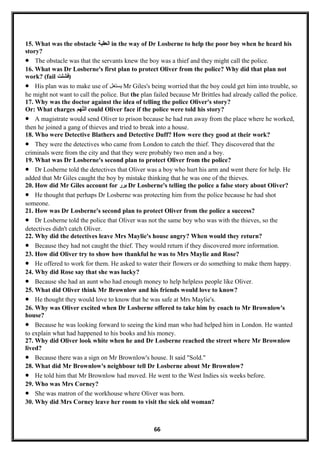 15. What was the obstacle ‫العقبة‬ in the way of Dr Losberne to help the poor boy when he heard his
story?
• The obstacle was that the servants knew the boy was a thief and they might call the police.
16. What was Dr Losberne's first plan to protect Oliver from the police? Why did that plan not
work? (fail ‫)فشلت‬
• His plan was to make use of ‫يستغل‬ Mr Giles's being worried that the boy could get him into trouble, so
he might not want to call the police. But the plan failed because Mr Brittles had already called the police.
17. Why was the doctor against the idea of telling the police Oliver's story?
Or: What charges ‫تهم‬ُ‫ه‬‫ال‬ could Oliver face if the police were told his story?
• A magistrate would send Oliver to prison because he had run away from the place where he worked,
then he joined a gang of thieves and tried to break into a house.
18. Who were Detective Blathers and Detective Duff? How were they good at their work?
• They were the detectives who came from London to catch the thief. They discovered that the
criminals were from the city and that they were probably two men and a boy.
19. What was Dr Losberne's second plan to protect Oliver from the police?
• Dr Losberne told the detectives that Oliver was a boy who hurt his arm and went there for help. He
added that Mr Giles caught the boy by mistake thinking that he was one of the thieves.
20. How did Mr Giles account for ‫برر‬ Dr Losberne's telling the police a false story about Oliver?
• He thought that perhaps Dr Losberne was protecting him from the police because he had shot
someone.
21. How was Dr Losberne's second plan to protect Oliver from the police a success?
• Dr Losberne told the police that Oliver was not the same boy who was with the thieves, so the
detectives didn't catch Oliver.
22. Why did the detectives leave Mrs Maylie's house angry? When would they return?
• Because they had not caught the thief. They would return if they discovered more information.
23. How did Oliver try to show how thankful he was to Mrs Maylie and Rose?
• He offered to work for them. He asked to water their flowers or do something to make them happy.
24. Why did Rose say that she was lucky?
• Because she had an aunt who had enough money to help helpless people like Oliver.
25. What did Oliver think Mr Brownlow and his friends would love to know?
• He thought they would love to know that he was safe at Mrs Maylie's.
26. Why was Oliver excited when Dr Losberne offered to take him by coach to Mr Brownlow's
house?
• Because he was looking forward to seeing the kind man who had helped him in London. He wanted
to explain what had happened to his books and his money.
27. Why did Oliver look white when he and Dr Losberne reached the street where Mr Brownlow
lived?
• Because there was a sign on Mr Brownlow's house. It said "Sold."
28. What did Mr Brownlow's neighbour tell Dr Losberne about Mr Brownlow?
• He told him that Mr Brownlow had moved. He went to the West Indies six weeks before.
29. Who was Mrs Corney?
• She was matron of the workhouse where Oliver was born.
30. Why did Mrs Corney leave her room to visit the sick old woman?
66
 