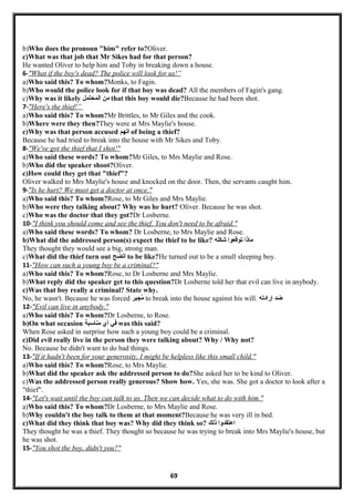 b)Who does the pronoun "him" refer to?Oliver.
c)What was that job that Mr Sikes had for that person?
He wanted Oliver to help him and Toby in breaking down a house.
6-"What if the boy's dead? The police will look for us!”
a)Who said this? To whom?Monks, to Fagin.
b)Who would the police look for if that boy was dead? All the members of Fagin's gang.
c)Why was it likely ‫من‬‫المحتمل‬ that this boy would die?Because he had been shot.
7-"Here's the thief!”
a)Who said this? To whom?Mr Brittles, to Mr Giles and the cook.
b)Where were they then?They were at Mrs Maylie's house.
c)Why was that person accused ‫اتهم‬ of being a thief?
Because he had tried to break into the house with Mr Sikes and Toby.
8-"We've got the thief that I shot!"
a)Who said these words? To whom?Mr Giles, to Mrs Maylie and Rose.
b)Who did the speaker shoot?Oliver.
c)How could they get that "thief"?
Oliver walked to Mrs Maylie's house and knocked on the door. Then, the servants caught him.
9-"Is he hurt? We must get a doctor at once."
a)Who said this? To whom?Rose, to Mr Giles and Mrs Maylie.
b)Who were they talking about? Why was he hurt? Oliver. Because he was shot.
c)Who was the doctor that they got?Dr Losberne.
10-"I think you should come and see the thief. You don't need to be afraid."
a)Who said these words? To whom? Dr Losberne, to Mrs Maylie and Rose.
b)What did the addressed person(s) expect the thief to be like? ‫ماذا‬‫توقعوا‬‫شكله‬
They thought they would see a big, strong man.
c)What did the thief turn out ‫اتضح‬ to be like?He turned out to be a small sleeping boy.
11-"How can such a young boy be a criminal?"
a)Who said this? To whom?Rose, to Dr Losberne and Mrs Maylie.
b)What reply did the speaker get to this question?Dr Losberne told her that evil can live in anybody.
c)Was that boy really a criminal? State why.
No, he wasn't. Because he was forced ‫مبجبر‬ُ to break into the house against his will. ‫ضد‬‫إرادته‬
12-"Evil can live in anybody."
a)Who said this? To whom?Dr Losberne, to Rose.
b)On what occasion ‫في‬‫أي‬‫مناسبة‬ was this said?
When Rose asked in surprise how such a young boy could be a criminal.
c)Did evil really live in the person they were talking about? Why / Why not?
No. Because he didn't want to do bad things.
13-"If it hadn't been for your generosity, I might be helpless like this small child."
a)Who said this? To whom?Rose, to Mrs Maylie.
b)What did the speaker ask the addressed person to do?She asked her to be kind to Oliver.
c)Was the addressed person really generous? Show how. Yes, she was. She got a doctor to look after a
"thief".
14-"Let's wait until the boy can talk to us. Then we can decide what to do with him."
a)Who said this? To whom?Dr Losberne, to Mrs Maylie and Rose.
b)Why couldn't the boy talk to them at that moment?Because he was very ill in bed.
c)What did they think that boy was? Why did they think so? ‫اعتقدوا‬‫ذلك‬
They thought he was a thief. They thought so because he was trying to break into Mrs Maylie's house, but
he was shot.
15-"You shot the boy, didn't you?"
69
 