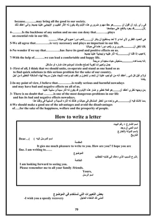 because………..may bring all the good to our society.
‫في‬‫رأي‬‫,أود‬‫أن‬‫أقول‬‫أن‬‫..........هو‬‫حقا‬‫مهم‬‫و‬‫ضروري‬‫هذه‬‫اليام‬‫وقد‬‫يكون‬‫له‬‫الثر‬‫الطيب‬‫و‬‫اليبجابي‬‫علينا‬‫وأني‬ .‫جميعا‬‫أعتقد‬‫ذلك‬
‫لن..........قد‬‫يعود‬‫بالنفع‬‫علي‬‫مبجتمعنا‬ .
4-………Is the backbone of any nation and no one can deny that………...plays
an essential role in our life.
........... ‫هي‬‫العمود‬‫الفقري‬‫لي‬‫أمه‬‫و‬‫ل‬‫أحد‬‫يستطيع‬‫أن‬‫ينكر‬‫أن.........تلعب‬‫دورا‬‫حيويا‬‫في‬‫حياتنا‬
5-We all agree that…………..is very necessary and plays an important in our life.
‫كلنا‬‫نتفق‬‫أن.............ضروري‬‫و‬‫يلعب‬‫دورا‬‫هاما‬‫في‬‫حياتنا‬ .
6-No wonder if we say that…………..has /have its good and positive effects on us.
‫لعبجب‬‫إذا‬‫قلنا‬‫أن.............له‬‫آثار‬‫طيبه‬‫وايبجابية‬‫علينا‬‫جميعا‬ .
7-With the help of……….we can lead a comfortable and happy life.
‫انه‬‫بمساعده..............سنعيش‬‫حياه‬‫سعيدة‬‫و‬‫مريحة‬ .
‫جمل‬‫وتعبيرات‬‫لغوية‬‫تصلح‬‫مقدمات‬‫لموضوعات‬‫ضاره‬‫أو‬‫مشاكل‬
1- First of all, I think that we should unite, co-operate and stand as one hand so as
to find quick solutions to this serious problem for the sake of our country.
‫أول‬‫و‬‫قبل‬‫كل‬‫شي‬‫أعتقد‬ ,‫أنه‬‫من‬‫الواجب‬‫علينا‬‫أن‬‫نتحد‬‫و‬‫نتعاون‬‫و‬‫نقف‬‫كيد‬‫واحده‬‫ليبجاد‬‫حلول‬‫سريعة‬‫لهذه‬‫المشكلة‬‫الخطيرة‬‫من‬‫أجل‬
‫.بلدنا‬
2-In my point of view, I believe that…………..is really serious and harmful nowadays
and may have bad and negative effects on all of us.
‫من‬‫وجهه‬‫نظري‬‫أعتقد‬‫أن.........هو‬‫فعل‬‫خطير‬‫و‬‫ضار‬‫هذه‬‫اليام‬‫و‬‫قد‬‫يكون‬‫له‬‫أثار‬‫سيئة‬‫و‬‫سلبية‬‫علينا‬ .
3- There is no doubt that ………is one of the most dangerous problems in our life
and has its bad and negative effects nowadays.
‫مما‬‫لشك‬‫فيه‬‫أن..............هي‬‫واحده‬‫من‬‫أخطر‬‫المشاكل‬‫في‬‫حياتنا‬‫و‬‫كذلك‬‫له‬‫أثاره‬‫السيئة‬‫و‬‫السلبية‬‫في‬‫وقتنا‬‫هذا‬ .
4-We should make a good use of the advantages and avoid the disadvantages
of…..for the sake of the happiness, welfare and the prosperity of people.
How to write a letter
‫بعض‬‫التعبيرات‬‫التي‬‫تستخدم‬‫في‬‫الموضوع‬
-I wish you a speedy recovery ‫أتمني‬‫لك‬‫الشفامء‬‫العاجل‬
79
‫اسم‬‫الشارع‬‫رقم‬ +‫البيت‬
‫اسم‬‫الحي‬‫إن‬‫وجد‬
‫اسم‬‫الدولة‬‫)الخارج‬ )
‫التاريخ‬
Dear…( ( ‫اسم‬‫المرسل‬‫إليه‬
‫المقدمة‬
It gies me much pleasure to write to you. How are you? I hope you are
fine. I am writing to……
‫الموضوع‬
‫اشرح‬‫السبب‬‫الذي‬‫دعاك‬‫إلي‬‫كتابه‬‫الخطاب‬ .
‫الخاتمة‬
I am looking forward to seeing you.
Please remember me to all your family /friends.
Yours,
‫اسم‬‫الرسل‬
 