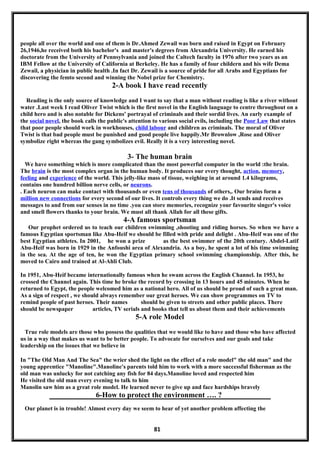 people all over the world and one of them is Dr.Ahmed Zewail was born and raised in Egypt on February
26,1946,he received both his bachelor's and master's degrees from Alexandria University. He earned his
doctorate from the University of Pennsylvania and joined the Caltech faculty in 1976 after two years as an
IBM Fellow at the University of California at Berkeley. He has a family of four childern and his wife Dema
Zewail, a physician in public health .In fact Dr. Zewail is a source of pride for all Arabs and Egyptians for
discovering the femto second and winning the Nobel prize for Chemistry.
2-A book I have read recently
Reading is the only source of knowledge and I want to say that a man without reading is like a river without
water .Last week I read Oliver Twist which is the first novel in the English language to centre throughout on a
child hero and is also notable for Dickens' portrayal of criminals and their sordid lives. An early example of
the social novel, the book calls the public's attention to various social evils, including the Poor Law that states
that poor people should work in workhouses, child labour and children as criminals. The moral of Oliver
Twist is that bad people must be punished and good people live happily.Mr Brownlow ,Rose and Oliver
symbolize right whereas the gang symbolizes evil. Really it is a very interesting novel.
3- The human brain
We have something which is more complicated than the most powerful computer in the world :the brain.
The brain is the most complex organ in the human body. It produces our every thought, action, memory,
feeling and experience of the world. This jelly-like mass of tissue, weighing in at around 1.4 kilograms,
contains one hundred billion nerve cells, or neurons.
. Each neuron can make contact with thousands or even tens of thousands of others,. Our brains form a
million new connections for every second of our lives. It controls every thing we do .It sends and receives
messages to and from our senses in no time .you can store memories, recognize your favourite singer's voice
and smell flowers thanks to your brain. We must all thank Allah for all these gifts.
4-A famous sportsman
Our prophet ordered us to teach our children swimming ,shooting and riding horses. So when we have a
famous Egyptian sportsman like Abu-Heif we should be filled with pride and delight . Abu-Heif was one of the
best Egyptian athletes. In 2001, he won a prize as the best swimmer of the 20th century. Abdel-Latif
Abu-Heif was born in 1929 in the Anfoushi area of Alexandria. As a boy, he spent a lot of his time swimming
in the sea. At the age of ten, he won the Egyptian primary school swimming championship. After this, he
moved to Cairo and trained at Al-Ahli Club.
In 1951, Abu-Heif became internationally famous when he swam across the English Channel. In 1953, he
crossed the Channel again. This time he broke the record by crossing in 13 hours and 45 minutes. When he
returned to Egypt, the people welcomed him as a national hero. All of us should be proud of such a great man.
As a sign of respect , we should always remember our great heroes. We can show programmes on TV to
remind people of past heroes. Their names should be given to streets and other public places. There
should be newspaper articles, TV serials and books that tell us about them and their achievements
5-A role Model
True role models are those who possess the qualities that we would like to have and those who have affected
us in a way that makes us want to be better people. To advocate for ourselves and our goals and take
leadership on the issues that we believe in
In "The Old Man And The Sea" the wrier shed the light on the effect of a role model" the old man" and the
young apprentice "Manoline".Manoline's parents told him to work with a more successful fisherman as the
old man was unlucky for not catching any fish for 84 days.Manoline loved and respected him
He visited the old man every evening to talk to him
Manolin saw him as a great role model. He learned never to give up and face hardships bravely
6-How to protect the environment …. ?
Our planet is in trouble! Almost every day we seem to hear of yet another problem affecting the
81
 