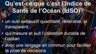 Qu’est-ce que c’est l’Indice de
Santé de l’Océan (IdSO)?
• qui mesure et suit l’utilisation durable de
l’océan
• un outil exhaustif quantitatif, réitérable, et
transparent
• avec une langage en commun pour faciliter
la prise de décisions
 