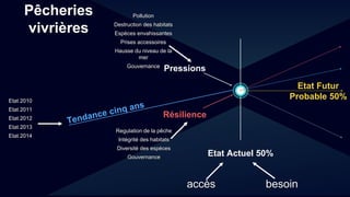 Etat Actuel 50%
Etat Futur
Probable 50%
Pressions
Résilience
Pêcheries
vivrières
accès besoin
Pollution
Destruction des habitats
Espèces envahissantes
Prises accessoires
Hausse du niveau de la
mer
Gouvernance
Regulation de la pêche
Intégrité des habitats
Diversité des espèces
Gouvernance
Etat 2010
Etat 2011
Etat 2012
Etat 2013
Etat 2014
 