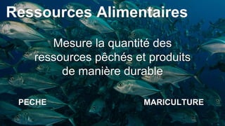 Mesure la quantité des
ressources pêchés et produits
de manière durable
PECHE MARICULTURE
Ressources Alimentaires
 