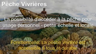 Pêche Vivrières
La possibilité d'accéder à la pêche pour
usage personnel - petite échelle et locale
Fonctionnelle: La pêche vivrière est
accessible à tous et durable
 