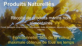Produits Naturelles
Récolte de produits marins non-
alimentaires
Corail, poissons ornamentales, coquillages, huile de poisson, algues et plantes, éponges
marines
Fonctionnelle: 35% de la valeur
maximale obtenue de tous les temps
 