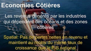 Les revenus générés par les industries
qui dépendent des océans et des zones
côtières
Spatial: Pas de pertes nettes en revenu et
maintient au moins du même taux de
croissance que le PIB national
Economies Côtières
 