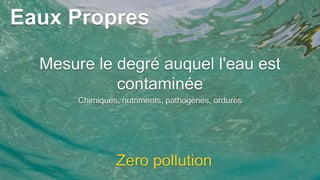 Eaux Propres
Mesure le degré auquel l'eau est
contaminée
Chimiques, nutriments, pathogènes, ordures
Zero pollution
 