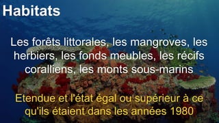 Habitats
Les forêts littorales, les mangroves, les
herbiers, les fonds meubles, les récifs
coralliens, les monts sous-marins
Etendue et l'état égal ou supérieur à ce
qu'ils étaient dans les années 1980
 