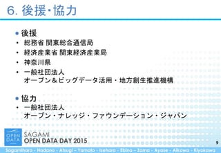 Sagamihara - Hadano - Atsugi – Yamato - Isehara - Ebina – Zama - Ayase - Aikawa - Kiyokawa
６. 後援・協力
9
• 総務省 関東総合通信局
• 経済産業省 関東経済産業局
• 神奈川県
• 一般社団法人
オープン＆ビッグデータ活用・地方創生推進機構
• 一般社団法人
オープン・ナレッジ・ファウンデーション・ジャパン
後援
協力
 