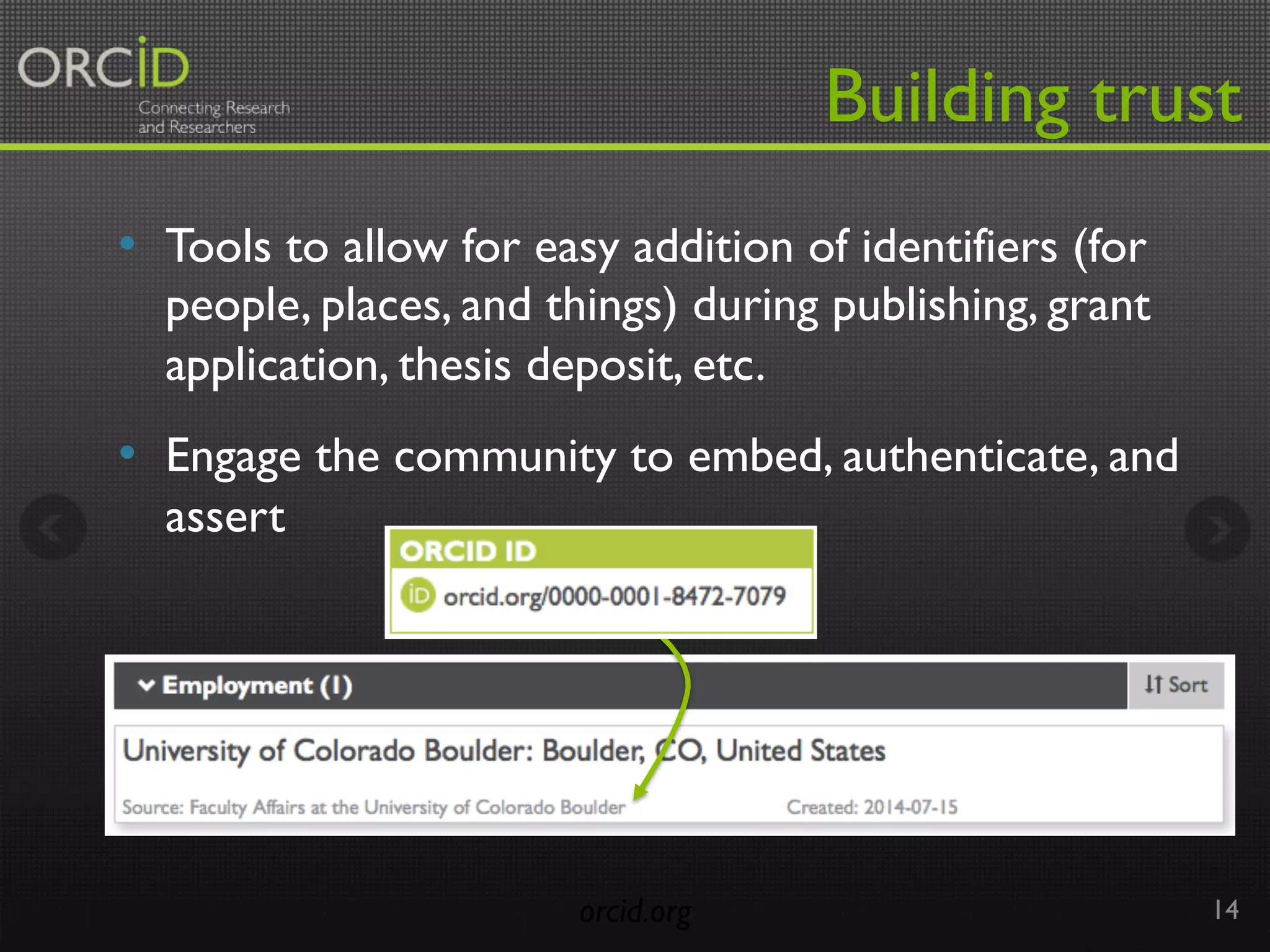 Building trust
orcid.org 14
•  Tools to allow for easy addition of identifiers (for
people, places, and things) during publishing, grant
application, thesis deposit, etc.
•  Engage the community to embed, authenticate, and
assert
 