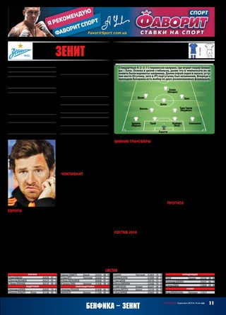 11СВ «ФУТБОЛ» Еврокубки 2015/16. Плей-офф
Бенфика – Зенит
Основан25 мая1925 года
Прозвища:«зенитчики»,«мешки»,«бомжи»
Стадион:«Петровский»(21 107)
Цвета:белыйиголубой(историческиу
«Зенита»сине-бело-голубыецвета,ноклуб
отказалсяотсинего)
Президент:АлександрДюков
Трофеи:чемпионСССР(1) –1984;чемпион
России(4) –2007,2010,2012,2015;Кубок
СССР(1) –1944;КубокРоссии(2) –1998,
2010;СуперкубокРоссии(2) –2008,2011;
КубокУЕФА(1) –2008;СуперкубокУЕФА –
2008
НаивысшийрезультатвКЕЧ/ЛЧ:1/8(4) –
1985/86,2011/12,2013/14,2015/16
Предыдущийсезон:3‑еместовгруппе
с«Монако»,«Байером»и«Бенфикой»,
1/4 финалаЛЕ
ВЛЧ‑15/16:+5=0–1,голы13–6,уверенное
1 местовгруппе(«Валенсия» –3:2 г,2:0 д,
«Гент» –2:1 д,1:2 г,«Лион» –3:1 д,2:0 г)
Матчи:Ломбертс,Нету,Данни,Дзюба –6,
Анюков,Кришито,Гарай,Рязанцев,Юсупов,
Шатов,ХавиГарсия,Витсель,Халк –5,
Лодыгин,Смольников –4,М. Кержаков –
2,Файзулин,Троянов,Евсеев,Богаев,
Долгов –1
Голы:Дзюба –6,Халк –3,Шатов –2,Данни,
Витсель –1
МПС:«Бенфика» –3:2 д,0:2 г(ЛЧ‑2011/2012,
1/8);2:0 д,1:0 г(ЛЧ‑2014/15,гр)
Лидеры:Халк,Гарай,Витсель,Дзюба
Ушли:А. Кержаков(«Цюрих»,ар),Ткачук
(«Рубин»)
Пришли:Жирков,Кокорин(оба –«Дина-
мо»М),Маурисио(«Терек»)
Европа
Текущий розыгрыш ЛЧ запом-
нится в том числе внезапным
успехом «Зенита». От питерцев не
ждали ничего особо хорошего, а
они взяли и более чем уверенно
вышли в плей-офф, замахнувшись
настопроцентныйпоказатель,едва
не повторив тем самым достиже-
ние «Спартака» в сезоне‑1995/96.
Конечно, никуда не деться от сла-
бости группы – уже второе место
скромного «Гента» достаточно ее
характеризует. От «Лиона» нынче
осталось только имя, а для «Ва-
ленсии» этот сезон сопоставим с
провалом имени Кумана. Но, как
ни крути, пять побед в пяти мат-
чах (шестой тур для «Зенита» уже
ничего не решал) – великолепный
результат для любой команды из
Восточной Европы, тем более что
добывались виктории зрелищно
и по делу.
Чемпионат
Победное шествие команды Ви-
льяш-Боаша в ЛЧ резко контра-
стировало с ее же мучениями в
чемпионате. Зимовать «сине-бело-
голубые» ушли на позорном ше-
стом месте! «Зенит» мог потерять
очки с любым соперником, а не-
сколько раз так вовсе горел в одну
калитку –например,«Локомотиву»
(0:2) и «Тереку» (1:4). Командная
игра хромала на обе ноги, и страш-
но даже подумать, как глубоко
могли опуститься питерцы, если
бы не индивидуальное мастерство
лидеров, в первую очередь Халка,
который помимо голов отдал не-
мало результативных передач,
наладиввзаимодействиесДзюбой.
«Зениту» действительно мешал
лимит на легионеров, что неодно-
кратно (причем в резкой форме)
подчеркивалглавныйтренер.Были
проблемы и с настроем, в ЛЧ «зе-
нитчики» играли с куда большим
желанием, нежели в чемпионате.
Зимние трансферы
Зимой питерцы укрепились, глав-
ным образом под чемпионат, где
надо срочно поправлять дела. «Зе-
нит» активно торговал Кокорина
еще перед началом сезона, когда
вынужден был опять-таки из-за
лимита продать Рондона, но не
сумелдоговоритьсяс«Динамо».Те-
перьэтотдавнонапрашивающийся
трансфер оформился, а в нагрузку
пошел опытный Жирков, который
вполне может прописаться на ле-
вомфлангезащиты –Кришитосва-
таютв«Рому»кЛучаноСпаллетти.
Еще одним зимним новичком стал
опорник «Терека» Маурисио, впе-
чатливший Вильяш-Боаша в уже
упоминавшейся личной встрече.
Это также приобретение на бу-
дущее, Витсель-то норовит уйти.
Потерь у команды, считай, нет,
Кержакова-форварда списали еще
летом и даже не заявляли на ЛЧ.
Состав‑2016
«Зенит»сталсильнее,этоочевидно.
Вопрос:намноголи?Жирковдавно
непоказываеттойигры,закоторую
егобралив«Челси»,даиКокоринв
прошлом году не впечатлял. Прав-
да, в новой команде они должны
быть лучше мотивированы. Глав-
ная же проблема «сине-бело-голу-
бых» – отнюдь не класс игроков, с
ним-то всё в порядке. У питерцев
не видно коллектива, подобного
команде «сенаторов», где тон за-
давали Аршавин с Широковым.
С другой стороны, потенциально
нынешний «Зенит» способен на
многое – если уж Дзюбу прорвало,
вы гляньте только на его стати-
стику в ЛЧ! Здорово выглядели
в матчах группового турнира и
Смольников с Шатовым, это не
говоря о звездных легионерах
во главе с Халком. Но сумеет ли
Вильяш-Боаш до конца раскрыть
потенциал своих игроков?
Прогноз
«Зениту» снова повезло со жреби-
ем. «Бенфика» – едва ли не лучший
вариант,особенноеслиучитывать,
что «Гент» и «Динамо» не могли
выпасть питерцам. Правда, «зе-
нитчики»нетакдавновылеталиот
«орлов» аккурат на этой стадии, да
инехваткаигровойформыопреде-
ленноскажется,посемуопределять
российский клуб в фавориты этой
пары не стоит. Хотя шансы на чет-
вертьфинал отнюдь не нулевые – и
«Бенфика» не так уж сильна, и для
Вильяш-Боаша принципиально
будет выбить соотечественников.
СергейШЕВЧЕНКО
состав
Вратари
1 ЮрийЛОДЫГИН		 26.05.90	 187	 77
16 ВячеславМАЛАФЕЕВ		 04.03.79	 185	 76
41 МихаилКЕРЖАКОВ		 28.01.87	 189	 88
Защитники
2 АлександрАНЮКОВ		 28.09.82	 178	 67
4 ДоменикоКРИШИТО	 Италия	 30.12.86	 183	 75
6 НиколасЛОМБЕРТС	 Бельгия	 20.03.85	 188	 83
13 ЛуишНЕТУ	 Португалия	 26.06.88	 185	 73
19 ИгорьСМОЛЬНИКОВ		 08.08.88	 181	 75
24 ЭсекьельГАРАЙ	 Аргентина	 10.10.86	 188	 80
Полузащитники
5 АлександрРЯЗАНЦЕВ		 05.09.86	 182	 75
8 МАУРИСИО	 Бразилия	 21.10.88	 180	 72
10 ДАННИ	 Португалия	 07.08.83	 178	 70
14 АртурЮСУПОВ		 01.09.89	 180	 73
17 ОлегШАТОВ		 29.07.90	 173	 73
20 ВикторФАЙЗУЛИН		 22.04.86	 176	 72
21 ХАВИГАРСИЯ	 Испания	 08.02.87	 186	 82
28 АксельВИТСЕЛЬ	 Бельгия	 12.01.89	 186	 76
81 ЮрийЖИРКОВ		 20.08.83	 180	 75
Нападающие
7 ХАЛК	 Бразилия	 25.07.85	 180	 80
9 АлександрКОКОРИН		 19.03.91	 183	 77
22 АртемДЗЮБА		 22.08.88	 194	 90
Тренер
АндреВИЛЬЯШ-БОАШ	 Португалия	 17.10.77
12 Зенит (Санкт-Петербург, Россия)
Лодыгин
Шатов
Дзюба
(Кокорин)
Халк
Данни
Гарай Ломбертс
(Нету)
Витсель
СмольниковКришито
(Жирков)
Хави Гарсия
(Маурисио)
основная
гостевая
Стандартные 4–2–3–1 с перекосом направо, где играет лидер коман-
ды – Халк. Основа в целом стабильна, разве что в чемпионате из-за
лимитабыливарианты:например,Даннипоройсиделвзапасе,усту-
пая место Юсупову, зато в ЛЧ португалец был незаменим. Впереди с
приходом Кокорина есть выбор из двух разноплановых форвардов.
 