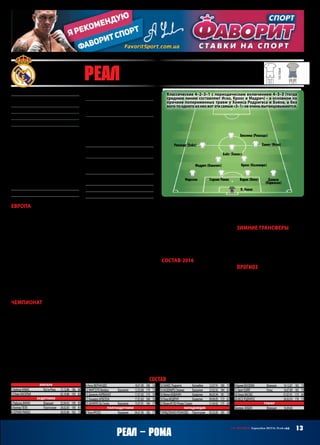 Европа
Проход группы без малейших проблем –
этосталопривычнымдляиспанскихгран-
дов – но не без приключений. Речь о том
самом приснопамятном матче во Львове,
когда, казалось бы, уже разобранный на
запчасти «Шахтёр» вдруг собрался, пере-
строился как тот трансформер и устроил
мадридцам такие вырванные минуты
в концовке встречи, что на них нельзя
было смотреть без слёз. И опять-таки
обошлось – 3:4, а те три пропущенных так
иосталисьединственнымидля«меренгес»
в группе. Однако впечатление сложилось
крайне негативное. Несостоятельной ока-
залась вся игровая концепция Бенитеса –
сверхпрочная оборона, на которую, так
уж и быть, можно пристроить что-нибудь
остренькое,атакующее.Впрочемиоборо-
на сверхпрочностью не отличалась.
Чемпионат
Главное событие первой половины сезона
применительно к «сливочным» – без-
условно, отставка Рафы Бенитеса. О том,
что это не тренер для такой команды и что
«Реал» – не команда для такого тренера,
летом даже не говорили, а пели хором. Но
вряд ли кто предполагал, что с трона он
слетит настолько быстро. Тем более что на-
чалобылонесамымвпечатляющим,ноине
такимужудручающим,какпредполагалось.
В пяти первых матчах (4 из них в Примере)
мадридцыпотерялидваочкавХихоне,ноне
пропустили ни одного мяча. К началу ноя-
бряничьихприбавилось(две –вЛаЛиге),но
ворота«меренгес»за14 матчейбыливзяты
всего 4 раза. Для «Реала», который привык
зажигать в атаке, но к обороне относился
наплевательски даже при Моуриньо, это
сочли добрым знаком.
К сожалению, на том «сказка Бенитеса»
и закончилась. Влёт 2:3 от «Севильи» еще
как-то можно было понять и простить,
но последующие 0:4 от «Барсы» на своем
поле уже не лезли ни в какие ворота.
Через несколько дней приключился вы-
шеупомянутый конфуз во Львове, а еще
чуть погодя – позорище с «выкидышем»
королевскогоклубаизКубкаИспании.Вряд
ли в том есть вина самого Рафы, но его дни
были, по сути, уже сочтены. Ему еще дали
поруководитькомандойдоначалаянваря,и
хотя«Реал»успелдобытьдля«бастарда»две
сокрушительныепобеды(8:0 над«Мальмё»
и 10:2 над «Райо»), между ними случились
оскорбительные 0:1 от «Вильярреала», а
после упущенной выездной победы над
«Валенсией» у Флорентино Переса (да и у
всех остальных тоже) отпали последние
сомнения.(Врассказкибывшегопрезидента
Кальдерона о том, что «Реал» летом мечтал
вернуть Моуриньо или же завлечь Клоппа,
апотомуБенитесоказалсясовсемужзапас-
ным вариантом, верится слабо – Моу в тот
моментнесобиралсячто-тобросатьв«Чел-
си»,Клоппазаполучилибы,еслибзахотели.
Нестанетжекто-товсерьезутверждать,что
герр Юрген всю жизнь мечтал потрениро-
ватьименно«Ливерпуль»ипотомустрастно
ждал единственного шанса! – Ред.)
Сейчас«Реал»третийвЛаЛиге.УЗида-
на пока тоже не всё получается так гладко,
как в соревновании с Кришти Роналдо в
умении пробивать штрафные (на трени-
ровке было – 8:2 в пользу Зизу!), 1:1 с «Бе-
тисом»несамыйпристойныйрезультатдля
«сливочных», пусть даже 9 очков и 16–1 по
голам в трёх других матчах впечатляют.
4 очка отставания от лидера за 16 туров
до окончания чемпионата вроде бы не так
много, но по потерянным это 7 пунктов, а
«Барса», похоже, совершенно не намерена
заниматься благотворительностью. Да и
«Атлетико»последнегословаещенесказал.
Состав‑2016
А как вы догадались, что с сентябрьского
спецвыпуска ничего в этом плане не по-
менялось?Практическиничего.Ну,Данило
такикрепкообосновалсянаправомфланге
обороны, но и вытесненный им оттуда
Карвахал не потерялся и имеет достаточно
игрового времени. При Бенитесе неплохо
были задействованы Каземиро, Ковачич,
Хесе и даже Лукас Васкес, появление кото-
рыхвначалесезонабылоподчутьменьшим
или чуть бОльшим знаком вопроса. По
большому счёту на данный момент, если
руководствоваться статистикой, сейчас
всего 6 игроков имеют гарантированную
прописку в основе (если нет никаких по-
стороннихпомех) –КейлорНавас,Марсело,
Модрич, Кроос, Роналдо и Бензема. Даже
такой «памятник», как Серхио Рамос что в
Примере, что в ЛЧ отыграл всего полови-
ну возможного, но у него, как и у Бэйла и
ХамесаРодригеса,имеетсяиндульгенцияв
виде неприятной травмы. Но то было при
Бенитесе. Сейчас же рулит Зинедин Зидан,
и при нем всё предельно естественно и
ожидаемо (с учётом нынешней травмы
Бэйла). Каземиро, Хесе, Ковачич – на под-
мене. Вот и всё. Ничего другого в «Реале»
просто быть не может.
Зимние трансферы
Никаких особых подвижек, если не
считать отправку в аренду россиянина
Черышева. Теперь он защищает цвета
«Валенсии». Вряд ли это произошло по
мотивам хорошо всем известной скан-
дальной истории с дисквалификацией
«Реала» в Кубке Испании.
Прогноз
Вотначтостоитобратитьвнимание:вэтой
паре в 8 состоявшихся ранее матчах было
одержано5 гостевыхпобед,адома –только
две!ИесливгрупповыхтурнирахЛЧ«Реал»
не имел с «Ромой» никаких проблем, триж-
ды обыграв ее на выезде (в том числе два
раз разгромно, по 3:0), то в единственной
дуэли на стадии плей-офф (к слову, тоже в
1/8‑й) мадридцы оба поединка римлянам
проиграли. И пусть история их взаимоот-
ношенийужеслегказаплесневела,забывать
ее «сливочным» не стоит. Как не стоит
забыватьито,чтоизвсех16‑тиучастников
плей-оффЛигичемпионов«Рома»обладает
самыйдырявойобороной,напропускавшей
в группе 16 голов, что в активе римлян
оказалось всего-то 6 очков и что даже ду-
эль с белорусским БАТЭ они умудрились
завершить с отрицательным балансом (0:0,
2:3). Впрочем, то было еще осенью, а игра
на вылет подразумевает несколько иной
подход и отношение к поединкам.
ЕвгенийПАНКРАТОВ
состав
Вратари
1 КейлорНАВАС	 Коста-Рика	 15.12.86	186	80
13 КикоКАСИЛЬЯ		 02.10.86	193	83
Защитники
2 РафаэльВАРАН	 Франция	 25.04.93	190	85
3 КеплерПЕПЕ	 Португалия	 26.02.83	190	81
4 СЕРХИОРАМОС		 30.03.86	183	73
6 НачоФЕРНАНДЕС		 18.01.90	180	74
12 МАРСЕЛОВиейра	 Бразилия	 12.05.88	179	73
15 ДаниэльКАРВАХАЛ		 11.01.92	173	70
17 АльвароАРБЕЛОА		 17.01.83	184	76
23 ДАНИЛОДаСилва	 Бразилия	 15.07.91	184	77
Полузащитники
8 ТониКРООС	 Германия	 04.01.90	182	77
10 ХАМЕСРодригес	 Колумбия	 12.07.91	180	75
14 КАЗЕМИРОЭнрике	 Бразилия	 23.02.92	184	81
16 МатеоКОВАЧИЧ	 Хорватия	 06.05.94	181	75
19 ЛукаМОДРИЧ	 Хорватия	 09.09.85	173	67
22 ФрансИСКОРоманСуарес	 21.04.92	175	69
Нападающие
7 КРИШТИАНОРОНАЛДО	 Португалия	 05.02.85	185	78
9 КаримБЕНЗЕМА	 Франция	 19.12.87	183	73
11 ГаретБЭЙЛ	 Уэльс	 16.07.89	183	75
18 ЛукасВАСКЕС		 01.07.91	173	65
20 ХЕСЕРОДРИГЕС		 26.02.93	178	73
Тренер
ЗинединЗИДАН	 Франция	 16.04.60
Основан6 марта1902 года
Прозвище:«бланкос»,«меренгес»,«сливоч-
ные»,«Галактикос»,«лосвакерос»
Стадион:«СантьягоБернабеу»(81 178)
Цвета:белые
Президент:ФлорентиноПерес
Трофеи:чемпион –32(1932,1933,1954,
1955,1957,1958,1961–1965,1967–1969,
1972,1975,1976,1978–1980,1986–1990,
1995,1997,2001,2003,2007,2008,2012),Ку-
бок –19(1905–1908,1917,1934,1936,1946,
1947,1962,1970,1974,1975,1980,1982,1989,
1993,2011,2014),Суперкубок –9(1988-1990,
1993,1997,2001,2003,2008,2012),Кубок
лиги –1(1985),Кубокчемпионов –10(1956-
1960,1966,1998,2000,2002,2014),Кубок
УЕФА –2(1985,1986),СуперкубокЕвропы –
2(2002,2014),Межконтинентальныйкубок –
4(1960,1998,2002,2014)
НаивысшийрезультатвЛЧ:обладатель(10)
Предыдущийсезон:полуфинал,вылетот
«Ювентуса»(1:2,1:1)
ВЛЧ‑2015/16:+5=1–0,голы19–3,1 местов
группеА(ПСЖ –0:0 г,1:0 д,«Шахтёр» –4:0 д,
4:3 г,«Мальмё» –2:0 г,8:0 д)
Матчи:Иско,Роналдо –6,Варан,Кроос,
Каземиро –5,КейлорНавас,Марсело,
Модрич,Бензема,Начо,Ковачич,Данило –
4,Карвахал,СерхиоРамос,Хесе –3,Бэйл,
Арбелоа,ЛукасВаскес,Черышев,Касилья,
Пепе –2,ХамесРодригес –1
Голы:Роналдо –11,Бензема –4,Начо –1,
Модрич –1,Карвахал –1,Ковачич –1
МПС:«Рома» –2:1 г,1:1 д(ЛЧ‑2001/02,
гр.),3:0 г,0:1 д(ЛЧ‑2002/03,гр.),4:2 д,3:0 г
(ЛЧ‑2004/05,гр.),1:2 г,1:2 д(ЛЧ‑2007/08,1/8)
Лидеры:КриштианоРоналдо,Серхио
Рамос,Марсело,Модрич
Ушел:Черышев(«Валенсия»,ар)
Пришли: –
1 Реал (Мадрид, Испания)
Классические 4–2–3–1 с периодическим включением 4–3–3 (тогда
среднюю линию составляют Иско, Кроос и Мадрич) – в основном по
причине попеременных травм у Хамеса Родригеса и Бэйла, а без
кого-тоодногоизнихвотэтисамые«3–1»неоченьвытанцовываются.
основная
гостевая
К. Навас 
Варан (Пепе)Серхио РамосМарсело
Кроос (Каземиро)
Данило
(Карвахал)
Хамес (Иско)
Модрич (Ковачич)
Роналдо (Бэйл)
Бэйл (Хамес)
Бензема (Роналдо)
13СВ «ФУТБОЛ» Еврокубки 2015/16. Плей-офф
Реал – рома
 