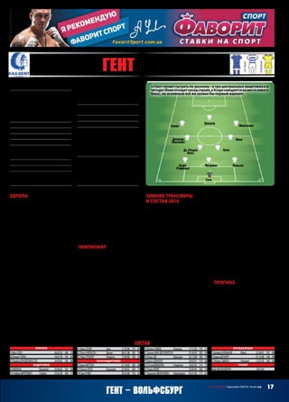 17СВ «ФУТБОЛ» Еврокубки 2015/16. Плей-офф
Основанв1864 году,нофутбольнаякоман-
даприклубевозниклатольков1900‑м
Прозвище:«Буйволы»(ноэтонапрасный
лобовойперевод,лучшеиспользоватьни-
дерландскоеDeBuffalo'sилианглийскоеThe
Buffalos –клубвчестьциркаБуффалоБилла
такпрозвали,аунаснепринятопереводить
прозвищеоснователяихозяинаэтогоза-
ведения –УильямаФредерикаКоди)
Клубныецвета:синийибелый
Президент:ИванДеВитте
Стадион:«ГЕЛАМКО-арена»(20 000)
Владелец:ИванДеВитте
Трофеи:чемпион(1) –2015;КубокБельгии
(3) –1964,1984,2010;СуперкубокБельгии
(1) –2015
НаивысшийрезультатвЕК:сейчас
Предыдущийсезон:неиграл
ВЛЧ2015/16:+3=1–2,8–7,2 местовгруп-
пеН(«Зенит» –1:2 г,2:1 д,«Лион» –1:1 д,
2:1 г,«Валенсия» –1:2 г,1:0 д)
Матчи:Селс,Нильсен,Митрович,Асаре,
РенатоНето,Миличевич,Кумс,Депуатр –
6,Рафинья,Сайеф,Фоке –5,Дежагер,
Кулибали,Раман –4,Маттон,Симон –3,
Педерсен –1
Голы:Миличевич –3,Маттон,Кулибали,
Кумс,Фоке,Депуатр –1
МПС:с«Вольфсбургом»неиграл
Лидеры:Селс,Кумс,Депуатр
Ушли:Юханссон(ФККопенгаген,1,5),
Педерсен(Остенде,са),Хайрадинович
(Хаугесунд,ар),Сумаоро,Раман(оба –Сент-
Трюйден),Витас(Мехелен),Табеку(Седан,
ар),Золотич(Железничар,ар),Полетанович
(Варегем)
Пришли:Олайинка(Шкендербеу,1,1),
Схоофс(Сент-Трюйден,1),Дьедиу(Хауге-
сунд,0,75),Буссуфа(Локомотив,ар),Шолл
(БенфикаБ,ар),Золотич(Истра,вар) –не
заявлены,Викхейм(Стрёмсгодсет,1,6),До
(Нант,0,5)
Европа
«Гент» наряду с ПСВ стал автором
самого большого сюрприза Лиги
чемпионов. Конечно, группа у
чемпиона Бельгии была не такая
мощная, как у голландского, но и
сам «Гент» – куда менее раскручен-
ная команда, нежели ПСВ . То, что
бельгийский чемпион (между про-
чим, «Гент» впервые стал чемпио-
номивыигралСуперкубокстраны)
оказался сильнее «Валенсии» и
«Лиона», не меньший сюрприз, чем
превосходство ПСВ перед «МЮ».
Особенно удивителен был путь
«Гента» к этому успеху. После пер-
вой половины дистанции в багаже
у «Буйволов» было только очко,
полученное дома с «Лионом» в
первом туре. Зато во втором круге
«Гент»выигралвсетриматча,втом
числесталединственнойкомандой,
которая отобрала очки у безогово-
рочного победителя группы – пи-
терского «Зенита».
Конечно, во многом «Генту»
повезло. Его подъем совпал со спа-
дом в игре «Лиона» и «Валенсии».
«Зенит» же к последнему туру,
к визиту в Гент, не только обе-
спечил себе путевку в 1/8 финала,
но и первое место в группе, плюс
проводил последний матч перед
отпуском, так что настроение у
футболистов было таким себе (это
не по-турецки!). Тем не менее,
«Гент» заслужил вторую путевку:
выиграть дома у «Валенсии» и в
Лионе – дорогого стоит. В данном
случае, не только в переносном, но
и в прямом смысле слова.
Чемпионат
В чемпионате у «Гента» снова всё
складывается великолепно, и на
данныймоментонреальновидится
главным фаворитом на победу. Во
всякомслучае,онкажетсяпокруче,
чем «Андерлехт» и «Брюгге», а об
остальных и речи нет.
Правда, начал первенство чем-
пионнелучшимобразом.Впервых
семи турах «Гент» одержал только
две победы при пяти ничьих, зато
потом, разогнавшись, из семи мат-
чей выиграл шесть. Только в пят-
надцатом туре команда потерпела
первое поражение, неожиданно
уступив дома «Шарлеруа», но этот
матч игрался сразу после победы
над «Валенсией», так что «Гент»
можно было «понять и простить».
Зимние трансферы
и состав‑2016
У «Гента» действительно очень
крутой по бельгийским меркам
подбор игроков. При этом клуб
хорошо поработал на трансфер-
ном рынке в январе, подписав
сразу восемь новых игроков. За-
явили на Лигу чемпионов только
двух из них – опорника «Нанта»
До и норвежского левого хава
Викхейма из экс-чемпиона стра-
ны «Стрёмсгодсета». Прокатили
таких известных футболистов,
как нигерийский форвард Олай-
инко, который, правда, подписал
контракт будучи травмирован-
ным, и экс-железнодорожник
марокканец Мбарк Буссуфа, ко-
торый в составе «Андерлехта»
признавался лучшим игроком
чемпионата Бельгии. Получается,
что их, как и других новичков,
«Гент» взял исключительно под
чемпионат страны.
Хотя не удивительно. Уровень
бельгийского первенства в послед-
ниепарулетприличновырос!Тому
подтверждением и прошлогодний
выход «Брюгге» в четвертьфинал
Лиги Европы, и нынешний успех
«Гента» с «Андерлехтом», которые
прошлисвоигруппысоответствен-
но в ЛЧ и ЛЕ, оказавшись сильнее
«Валенсии»ифранцузских«Мона-
ко» с «Лионом».
Нуатретьимдозаявленнымстал
израильский центральный защит-
ник Рами Гершон. Он был столпом
обороны«Гента»впрошломсезоне,
сыграв без замен в 38‑ми матчах
чемпионата из сорока, но из-за
серьезнейшейтравмывнынешнем
первенствеещеневыходилнаполе.
Его восстановление подходит к
концу, так что, глядишь, если не
в первом, так в ответном матче с
«Вольфсбургом» он поможет.
Прогноз
Понятно, что в матчах с «Воль-
фсбургом» не «Гент» будет фаво-
ритом. Однако команда показала,
что бой может дать многим, и
«Волкам», которые сейчас демон-
стрируют посредственную игру и
отвратительныерезультаты,нужно
настраиваться на очень серьезное
противостояние с сильным, не-
уступчивым противником.
АндрейШАХОВ
состав
Вратари
1 МатсСЕЛС		 26.02.92	 188	 75
20 ЯнникТУЛЕН		 18.07.90	 192	 83
25 БрайанВАНДЕНБЮССХЕ		 24.09.81	 196	 84
Защитники
4 РАФИНЬЯ	 Бразилия	 29.06.82	 182	 80
13 СтефанМИТРОВИЧ	 Сербия	 22.05.90	 184	 77
21 НанаАСАРЕ	 Гана	 11.07.86	 175	 65
23 ЛассеНИЛЬСЕН	 Дания	 08.01.88	 185	 74
55 РамиГЕРШОН	 Израиль	 12.08.88	 188	 82
Полузащитники
8 ТомасМАТТОН		 27.10.85	 180	 68
10 РенатоНЕТО	 Бразилия	 27.09.91	 184	 75
14 СвенКУМС		 26.02.88	 176	 63
15 КенниСАЙЕФ	 Израиль	 17.12.93	 176	 72
17 ХаннесВАНДЕРБРЮГГЕН		 01.04.93	 180	 69
18 ЛукасДО	 Франция	 26.12.88	 188	 79
19 БрехтДЕЖАГЕР		 29.05.91	 174	 66
22 ГуставВИКХЕЙМ	 Норвегия	 18.03.93	 174	 72
32 ТомасФОКЕ		 25.09.94	 180	 74
77 ДаниэльМИЛИЧЕВИЧ	 Швейцария	 05.01.86	 177	 61
Нападающие
7 ХалифаКУЛИБАЛИ	 Мали	 21.08.91	 197	 84
9 ЛоранДЕПУАТР		 07.12.88	 190	 96
27 МозесСИМОН	 Нигерия	 12.07.95	 168	 66
Тренер
ХейнВАНХАЗЕБРУК		 16.02.64
Селс
Симон Миличевич
Депуатр
Асаре
(Рафинья)
Митрович
Кумс
Фоке
Нильсен
До (Ренато
Нето)
Дежагер
(Викхейм)
83 ГенT (Бельгия)
основная
гостевая
резервная
««Гент»можетсыгратьпо-разному –втрицентральныхзащитникаив
четыре(Фокеотходитназадсправа,аАсаресмещаетсянаместолевого
бека), но основным всё же назвал бы первый вариант.
ГенT – Вольфсбург
 