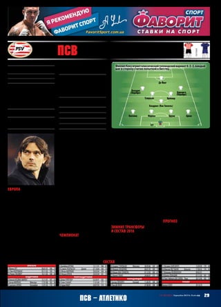 Европа
ПСВ преподнес, наверное, самый
громкий сюрприз группового ра-
унда ЛЧ (алаверды «Генту»! Кто
сюрпризнее?),выйдяизоченьслож-
ной группы. Для этого чемпиону
Голландии пришлось оставить по-
зади не только московский ЦСКА,
но и «Манчестер Юнайтед»! Даже
победа на своем поле над «МЮ» в
стартовом туре была воспринята
спокойно: мол, это только начало,
а затем манкунианцы раскочега-
рятся, и голландцы просядут. Дей-
ствительно, затем последовали две
баранки – в Москве, где ПСВ горел
0:3, но проиграл с минимальным
счетом, и в Вольфсбурге.
Но в итоге раскочегарились не
англичане, а как раз ПСв. Он про-
должал побеждать всех на своем
поле. Из десяти очков девять чем-
пион Голландии набрал именно на
родном «Филипсе»! Вот уж домаш-
няя команда! Кстати, в чемпионате
Голландии ПСВ дома тоже непо-
бедим… А в предпоследнем туре
сумелвыстоятьна«ОлдТраффорд».
Носудьбапреподнеслаголландцам
ещеодноиспытание.Передпослед-
ним туром у «Вольфсбурга» было
девять очков, у «МЮ» – восемь,
у ПСВ – семь, то есть голландцев
устраивала ничья в случае пораже-
ния англичан и победа при любом
другом исходе параллельного мат-
ча. Учитывая, что начиная с 29‑й
минуты, «Манчестер» проигрывал,
ПСВ вёл себя очень спокойно. Но
на 76‑й минуте хозяева «Филипса»
пропустили сами, и в идеале им
надо было забивать два мяча! Они
проснулись, быстренько отыгра-
лись (как же, чтоб Акинфеев в ЛЧ
не пропустил!), но, на их беду, и
«МЮ» сравнял счет. То есть снова
надобылозабивать.Онизабили,да
и «Вольфсбург» тоже.
Чемпионат
Пока игралась ЛЧ, ПСВ на чемпи-
онат обращал внимание постольку
поскольку. Он потерял очки в
первом же туре, позволив вратарю
«Ден Хаага» Хансену пяткой срав-
нять счет в конце компенсирован-
ноговремени.Затемсыгралвничью
во втором гостевом матче в Херен-
вене, а после победы над «МЮ»
проиграл на выезде «Хераклесу».
Такипродолжалось:домаупустили
победу в матче с «Эксцельсиором»
(приоченьплохойигрепропустили
вкомпенсированноевремя),сыгра-
ли 1:1 с «Родой», которая на тот мо-
мент не побеждала в 12‑ти матчах.
Но стоило ПСВ настроиться на со-
перника,кактомумалонеказалось:
«Витесс», «Аякс» были повержены
на выезде, а «Фейеноорд» дома. То
есть команды просто не хватало на
два фронта, и в жертву поневоле,
а может, и осознанно приносился
именно внутренний чемпионат.
Но с окончанием группово-
го турнира ЛЧ ПСВ заиграл по-
чемпионскиивыигралпятьпослед-
них матчей, забив в них 16 мячей,
в последний день января впервые
в сезоне выйдя в лидеры – на очко
впереди «Аякса».
Зимние трансферы
и состав‑2016
В январе на трансферном рынке
ПСВ сильно не напрягался. Отдали
варендусвоеговоспитанникаФлу-
та, а сами арендовали ван Гинкеля,
который в последние годы только
и делал, что лечил одну серьезную
травму за другой. На игрока с по-
добнымтравматизмомположиться
нельзя,даиврядлиестьсмыслКоку
вносить какие-либо изменения в
прекрасно организованную игру,
хотя в первом же матче за ПСВ
он забил.
Тем не менее, в январе ПСВ
стал гораздо сильнее. Дело в воз-
вращении в строй из лазарета двух
игроков – нападающего Флориана
Йозефзоона и защитника Йетро
Виллемса, которые всю первую по-
ловинусезоналечились.Йозефзоон
всёже неигрокстартовогосостава,
а вот Виллемс – один из лидеров
команды. Йетро – самый молодой
игрок, когда-либо выступавший
в финальной части чемпионатов
Европы, в прошлом сезоне стал
лучшим ассистентом в команде и
вторым в Голландии. Надеюсь, к
плей-офф он уже восстановится
окончательно, так что его будет
хватать на весь матч.
Прогноз
Но всё-таки мадридский «Атле-
тико» в нынешнем его состоянии
слишкомсильныйсоперник,чтобы
ПСВ смог его пройти. Он и с более
слабыми не впечатлял на выезде, а
против«матрасников»,подозреваю,
и дома не устоит. Так что в Лиге
чемпионов‑2015/16 ему осталось
сыграть только два матча.
АндрейШАХОВ
состав
Вратари
1 ЙеронЗУТ		 06.01.91	 186	 79
21 ЛюкКООПМАНС		 05.11.92	 190	 79
22 РемкоПАСВЕЕР		 18.11.83	 188	 88
Защитники
2 НиколяИСИМА-МИРЕН		 15.11.91	 187	 83
3 ЭкторМОРЕНО	 Мексика	 17.01.88	 182	 80
4 СантьягоАРИАС	 Колумбия	 13.01.92	 176	 68
5 ДжеффриБРУМА		 13.11.91	 186	 87
14 СимонПОУЛЬСЕН	 Дания	 07.10.84	 184	 76
15 ЙетроВИЛЛЕМС		 30.03.94	 169	 66
20 ЖошуаБРЕНЕ		 20.03.94	 181	 78
Полузащитники
6 ДейвиПРЁППЕР		 02.09.91	 185	 72
8 СтейнСХААРС		 11.01.84	 177	 77
10 АдамМАЕР		 20.07.93	 174	 76
18 АндресГУАРДАДО	 Мексика	 28.09.86	 169	 60
29 ЙорритХЕНДРИКС		 06.01.95	 189	 75
28 МаркоВАНГИНКЕЛЬ		 01.12.92	 180	 67
32 КеннетПААЛ		 24.06.97	 175	 70
Нападающие
7 ГастонПЕРЕЙРО	 Уругвай	 11.06.95	 188	 86
9 ЛюкДЕЙОНГ		 27.08.90	 188	 80
11 ЛусианоНАРСИНГХ		 13.09.90	 178	 69
16 МаксимЛЕСТЬЕНН	 Бельгия	 17.06.92	 176	 63
17 ФлорианЙОЗЕФЗООН		 09.02.91	
19 ЮргенЛОКАДИЯ		 07.11.93	 191	 79
24 ЛуисУмбертоДАСИЛВА	 Перу	 28.12.96	 182	 70
Тренер
ФиллипКОКУ		 29.10.70
33 ПСВ (Эйндховен, Голландия)
Основан31 августа1913 года
Прозвища:красно-белые,красно-белая
армия,крестьяне
Клубныецвета:белый,красный
Стадион:«Филипс»(35 119)
Трофеи:чемпион(22) –1929,1936,1951,
1963,1975,1976,1978,1986–1989,1991,
1992,1997,2000,2001,2003,2005–2008,
2015;КубокГолландии(9) –1950,1974,
1976,1988–1990,1996,2005,2012;Супер-
кубокГолландии(2) –1991,1999;КЕЧ(1) –
1988;КубокУЕФА(1) –1978
НаивысшийрезультатвКЕЧ:победав
сезоне‑1987/88.
Предыдущийсезон:второеместов
группеЛЕивылетв1/16 финалаот«Зени-
та» –0:1,0:3
ВЛЧ‑15/16:+3=1–2,голы8–7,2 местов
группеВ(МЮ –2:1 д,0:0 г,«Вольфсбург» –
0:2 г,2:0 д,ЦСКА –2:3 г,2:1 д)
Матчи:Зут,Морено,Брума,Хендрикс,Бре-
не,Прёппер,Локадия –6,Перейро,Гуарда-
до,деЙонг,Нарсингх –5,Ариас –4,Изима-
Мирен,Маер –3,Поульсен,Лестьенн –2,
ДеВейс,Схаарс,Флут,Бергвейн –1
Голы:Лестьенн,деЙонг –2,Локадия,
Нарсингх,Преппер,Морено –1
МПС:«Атлетико» –0:3 д,1:2 г(ЛЧ‑08/09,гр.)
Лидеры:ДеЙонг,Брума,Гуардадо,Виллемс
Ушел:Флут(Камбур,ар)
Пришел: ванГинкель(Челси,ар)
основная
гостевая
Зут
Локадия
(Перейро)
Де Йонг
Нарсингх
(Перейро)
Прёппер
Морено Брума
Гуардадо
АриасВиллемс
Хендрикс (Ван Гинкель)
ФиллипКокуиграетклассическийголландскийвариант4–3–3,каждый
шаг в сторону считая попыткой к бегству.
29СВ «ФУТБОЛ» Еврокубки 2015/16. Плей-офф
ПСВ – Атлетико
 