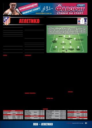 31СВ «ФУТБОЛ» Еврокубки 2015/16. Плей-офф
Европа
Высокий статус/коэффициент ис-
панских клубов обычно отправляет
их в первую корзину посева ЛЧ и,
как следствие, предоставляет весьма
комфортный набор соперников по
группе. Раз за разом, анализируя в
сентябрешансыпиренейцев,мытра-
диционно отмечаем, что им на груп-
повом этапе лишь кто-нибудь один
может слегка досадить, максимум,
при особо удачной игре – даже под-
винуть с первого места, но никоим
образом не поставить под угрозу вы-
ход в плей-офф. Так вышло и в этом
сезоне –всетрииспанскихучастника
Лиги чемпионов оформили свой
проход в евровесну без малейших
поводов к беспокойству.
В том числе и «Атлетико». Даже
несколько неожиданный влёт «Бен-
фике» во втором туре – на своем
поле да к тому же при первом за-
битом мадридцами мяче – ничуть
не поколебал их позиций. Равно и
загадочная нулёвка в Астане (там,
видимо, сказался дальний перелёт и
некотораянедооценкаэкзотического
противника). По сути, у «матрасни-
ков» имелся только один достойный
конкурент, что в условиях груп-
пового турнира ЛЧ конкуренцией
вовсе не считается – путёвок-то две.
Вдобавок в принципиальной за-
рубе на тему «кому быть первым»
«Атлетико» в последнем туре взял
уверенный реванш в Лиссабоне, вос-
становив таким образом стартовый
статус-кво.
Чемпионат
С самого старта Ла Лиги‑2015/16
«Атлетико» стабильно держится в
тройке, штампуя одну за другой по-
беды строго по 1:0 или 2:1. Почему
так – чуть ниже. Периодически до-
пускает проколы опять же с мини-
мальным счётом, что не позволяет
командепосягнутьнапервуюстроку
или хотя бы немного оторваться от
земляков‑преследователей. Картина,
вобщем-то,знакомаяидажемалость
приевшаяся за три предыдущих ис-
панских сезона: есть три здоровен-
ные акулы, которые трескают всю
попавшуюся им на глаза рыбу, разве
что кто-то с чуть бОльшим аппети-
том,акто-тосчутьменьшим,акто-то
порой и давится. На момент написа-
ния текста «матрасники» в таблице
вторые (плюс из Кубка от «Сельты»
давеча вылетели, впервые в сезоне
пропустив за матч 3 гола), а как там
сложится в конце чемпионата – Бог
весть.Хотяестьобоснованныеподо-
зрения, что «Барса» трон не уступит,
а мадридцы слегка помутузят друг
друга у его подножия.
Зимние трансферы
Изменения в составе «Атлетико»,
можно сказать, небольшие, но болез-
ненные. Ушёл в «Валенсию» бразилец
Сикейра, который на левом фланге
обороны не выдержал конкуренцию
с соотечественником и ровесником
Филипе Луисом (и сразу же нарвался
на чудовищный разрыв «мышей»
«Барселоной»вКубкеИспании –0:7!).
Любопытно, что при огромном пре-
имуществеФилипевПримере(19 мат-
чейпротиввсегоодногоуСикейры),в
Лиге чемпионов они отыграли строго
поровну, и именно ФЛ был задей-
ствован в составе при поражении от
«Бенфики». Симеоне все-таки решил
дилемму в его пользу, а Филипе Луис
тут же возьми да и удались в матче
против «Барсы», оставив тренера на
следующийпоединоквообщесголым
левым флангом. Хорошо еще, что с
«Эйбаром»играли,анесчемпокрепче.
Отправился в Китай колумбиец
ДжексонМартинес,которыйв«Пор-
ту» поражал результативностью, а
в Мадриде почему-то совершенно
потерялся, словно бы впервые мяч
увидел, и за полсезона разродился
всего тремя голами. Ну и кому такое
счастье нужно? Так на нем зарабо-
тать ухитрились, вовремя гонцы
подоспели!
Усиление условное, весьма не-
значительное и чисто аргентинское:
опытный Аугусто Фернандес из
«Сельты» – игрок типа «box-to-box»
с предрасположенностью к правому
флангу, молодой опорник Краневит-
тер возвращён из аренды в «Ривер
Плейте», но скорее про запас, чем
по необходимости. А так на арене
знакомые все лица.
Состав‑2016
Всё бы хорошо, но атака «матрас-
ников» оставляет желать лучшего.
Явнонеотхорошейжизниздесьпро-
писался Антуан Гризманн, которому
по фактуре и манере игры больше
быпристалодействоватьфланговым
атакёром. А куда деваться? Марти-
нес – тю-тю, Фернандо Торрес тоже,
в общем-то, уже не игрок, а портрет
в рамке, который обычно на не-
сколько минут выносят на поле в
знак памяти о былых заслугах. Весь
прочийсобранныйздеськоллектив –
Вьетто, Корреа, Феррейра-Карраско,
да и Сауль, о котором пишут много
всякого хорошего – ребята молодые,
не слишком стабильные и опять же
больше все-таки игроки флангов, а
не штрафной площади. Потому при
отменных показателях в обороне (в
частности, в 23‑х матчах Примеры
всего 11 пропущенных) результа-
тивность «Атлетико» находится на
уровне записных середнячков Ла
Лиги и раза в два ниже, чем у двух
других испанских грандов. Усиления
уже никакого не будет, а надеяться,
чтовдругпрорвётФернандоТорреса
или кого-то из перечисленных паца-
нят, наивно. И это перед решающим
отрезком сезона при борьбе на два
важнейших фронта. Есть от чего
разболеться голове Диего Симеоне.
Прогноз
Допускаю минимальный перевес «Ат-
летико» за счёт большей крутизны и
веса в футбольном мире. Но голевого
пиршества не ждите. Совершенно не
удивлюсь,еслизадваматчасоперники
ограничатся одним голом, а если гол-
ландцысумеютзакрытьединственного
наданныймоментиспанскогозабива-
луГризманна,тоитогоединственного
мяча можно не дождаться.
ЕвгенийПАНКРАТОВ
Основан:1903
Прозвища:«Рохибланкос»,«Матрасники»,
«Кольчонерос»,«индейцы»
Стадион:«ВисентеКальдерон»(54 851)
Цвета:красно-бело-синие
Президент:ЭнрикеСересо
Трофеи:чемпион(10) –1940,1941,1950,
1951,1966,1970,1973,1977,1996,2014;Кубок
(10) –1960,1961,1965,1972,1976,1985,1991,
1992,1996,2013;Суперкубок(2) –1985,2014;
Кубоккубков(1) –1962;ЛигаЕвропы(2) –
2010,2012;СуперкубокЕвропы(2) –2010,
2012;Межконтинентальныйкубок(1) –1974
НаивысшийрезультатвЛЧ:финалист
(1974,2014)
Предыдущийсезон:1/4 ЛЧ(вылетот
«Реала» –0:0,0:1)
ВЛЧ‑2015/16:+4=1–1,голы11–3,1 местов
группеС(«Бенфика» –1:2 д,2:1 г,«Галатаса-
рай» –2:0 г,2:0 д,«Астана» –4:0 д,0:0 г)
Матчи:Облак,Годин,Сауль,Гризманн,
ФернандоТоррес,Габи,ОлиТоррес –6,
Хуанфран,ХосеХименес,Тьяго –5,Коке,
Вьетто,ДжексонМартинес,Феррейра-
Карраско –4,Сикейра,ФелипеЛуис –3,
Корреа,Савич –2,ХесусГамес –1
Голы:Гризманн –4,Сауль –2,Корреа,
ДжексонМартинес,ОлиТоррес,Вьетто,
автогол –1
МПС:ПСВ –3:0 г,2:1 д(ЛЧ‑2008/09,гр.)
Лидеры:Годин,Габи,Гризманн
Ушли:Сикейра(«Валенсия»),Мартинес
(«ГуанчжоуЭвергранд»)
Пришли:АугустоФернандес(«Сельта»),
Краневиттер(«РиверПлейт»,вар)
состав
Вратари
1 МигельАнхелМОЙЯ		 02.04.84	 187	 81
13 ЯнОБЛАК	 Словения	 07.01.93	 186	 78
Защитники
2 ДиегоГОДИН	 Уругвай	 16.02.86	 185	 75
3 ФИЛИПЕЛУИС	 Бразилия	 09.08.85	 182	 70
15 СтефанСАВИЧ	 Черногория	 08.01.91	 186	 76
18 ХесусГАМЕС		 10.04.85	 182	 75
19 ЛУКАСЭрнандес	 Франция	 14.02.96	 183	 76
20 ХУАНФРАНТоррес		 09.01.85	 181	 74
24 ХосеХИМЕНЕС	 Уругвай	 20.01.95	 185	 78
Полузащитники
5 ТИАГОМендеш	 Португалия	 02.05.81	 183	 75
6 КОКЕРесуррексьон		 08.01.92	 176	 72
8 МаттиасКРАНЕВИТТЕР	 Аргентина	 21.05.93	 179	 74
10 ОЛИверТОРРЕС		 10.11.94	 175	 67
12 АУГУСТОФЕРНАНДЕС	 Аргентина	 10.04.86	 180	 77
14 ГАБИФернандес		 10.07.83	 179	 73
16 АнхелКОРРЕА	 Аргентина	 09.03.95	 174	 67
17 САУЛЬНьигес		 21.11.94	 182	 74
21 ЯнникФЕРРЕЙРА-КАРРАСКО Бельгия	 04.09.93	 180	 67
22 ТОМАСПартиТейе	 Гана	 13.06.93	 182	 78
Нападающие
7 АнтуанГРИЗМАНН	 Франция	 21.03.91	 176	 69
9 ФЕРНАНДОТОРРЕС		 20.03.84	 186	 81
23 ЛусианоВЬЕТТО	 Аргентина	 05.12.93	 173	 65
Тренер
ДиегоСИМЕОНЕ	 Аргентина	 28.04.70
5 Атлетико (Мадрид, Испания)
основная
гостевая
Облак
Хосе Хименес
(Савич)
Годин
Коке
(Феррейра-
Карраско)
Тиаго (Коке)
Хуанфран
(Гамес)
Габи
Сауль (Оли Торрес)
Ф.Луис
Вьетто Фернандо
(Торрес)
Гризманн
Диего Симеоне не желает отказываться от 4–4–2, которые можно обо-
значить и как 4–2–2–2, так как игроки, занимающие места на флангах
полузащиты, больше ориентированы на созидание, а центрхавы – на
разрушение.Одинизфорвардовдействуетбольшеизглубины.Какпра-
вило, «Эль Чоло» использует одного бегунка и одного тарана. Наличие
немалогоколичествауниверсальныхигроковпозволяетСимеонеиметь
в распоряжении большой набор вариантов под основу.
ПСВ – Атлетико
 