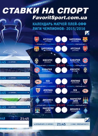 СВ «ФУТБОЛ» Еврокубки 2015/16. Плей-офф
первый матч | 27 апреля | | 3 мая | ответный матч21:45
| 13 апреля | ответный матч1:45
| 12 апреля | ответный матч1:45
| 13 апреля | ответный матч1:45
| 12 апреля | ответный матч1:45
первый матч | 23 февраля | | 16 марта | ответный матч21:45
арСенал
(англия)
арСенал
(англия)
БарСелона
(испания)
БарСелона
(испания)
первый матч | 23 февраля | | 16 марта | ответный матч21:45
ЮвентуС
(италия)
ЮвентуС
(италия)
Бавария
(германия)
Бавария
(германия)
первый матч | 24 февраля | | 15 марта | ответный матч21:45
пСв
(голландия)
пСв
(голландия)
атлетико
(испания)
атлетико
(испания)
первый матч | 24 февраля | | 15 марта | ответный матч21:45
Динамок
(уКраина)
Динамок
(уКраина)
манчеСтер
Сити
(англия)
манчеСтер
Сити
(англия)
21:45нал
пе меаЦЦа. милан
СТАВКИ НА СПОРТ
FavoritSport.com.ua
каленДарь матчей плей-офф
лиГи чемпионов- 2015/2016
8
2
 