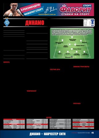 45СВ «ФУТБОЛ» Еврокубки 2015/16. Плей-офф
26 Динамо (Киев, Украина)
Европа
Изначально чемпион Украины не счи-
талсяфаворитомнивкакомвиде.Имог
выпасть из этой борьбы уже в первом
туре, не сравняй счет Буяльский на по-
следнихминутахигрыс«Порту».Впро-
чем, невзирая на отсутствие внезапно
отравившегося Ярмоленко, «Динамо»
играло довольно неплохо и поражения
не заслуживало. Дальше последовала
уверенная победа над «Маккаби» и
спарка с «Челси», по итогам которой
казалось, что киевляне отправятся в
ЛЕ. Дома «Динамо» удержало нулевку,
по игре будучи всё же ближе к пораже-
нию. Боязнь имени соперника пропала
только после проигранного (автогол
Драговича) первого тайма в Лондоне.
«Динамо» придавило, отыгралось
усилиями реабилитировавшегося Дра-
говича, но не удержало ничью.
На «Драгау» «Динамо» устраивала
только победа, в которую мало кто
верил.НочемпионУкраинывыдаллуч-
ший пока матч в сезоне, доминировал
почтивсюигруиблагодаряголамЯрмо-
ленкоспенальтииДерлисазаслуженно
победил 2:0. Причем победить крупнее
чемводинмячбылоогокакважно!Вы-
играй«Динамо»сминимальнойразни-
цей – и «Челси» с «Порту» в последнем
туре могли раскатать исход, который
оставил бы за бортом киевлян. А так
«Динамо» зависело только от себя и в
последнем туре, несмотря на быструю
травму Ярмоленко, нервы и отсутствие
зрителей, одолело 1:0 «Маккаби».
Спору нет, «Динамо» повезло с
группой куда больше, чем «Шахтеру».
Но и этот комплект соперников (кроме
«Маккаби») простым не был. И это уже
проблемы«Порту»,чтоонлетомвкото-
рый раз продал половину основы и от-
кровеннозавалилсявконцегруппового
этапа. И это проблемы «Челси», что
команда безбожно плавила Моуриньо,
хотя «синие» всё равно выиграли груп-
пу.«Динамо»сыгралонасвоихкозырях,
выжало из них максимум, а если ты не
гранд европейского футбола, то нужна
помощь в виде везения или стечения
обстоятельств.Киевлянееювоспользо-
вались.Темболееневсеобстоятельства
были за «Динамо»: вспомните травмы
Ярмоленко,ляпРыбкипротив«Порту»
или автогол Драговича.
Чемпионат
В нынешнем сезоне борьба за чемпи-
онство складывается для «Динамо»
куда сложнее, чем в предыдущем, когда
конкуренты самоустранялись и сами
открывалидорогуктитулудлякиевлян.
«Бело-синие» потеряли в чемпионате
всего-то 5 очков, но для нынешней
УПЛ это немало, и этого хватает, толь-
ко чтобы идти вровень с «Шахтером».
Личную встречу с главным конкурен-
том «Динамо» провалило – 0:3 дома,
которые никак не спишешь только
на отсутствие Рыбалки и Хачериди.
Очень посредственной не только из-за
результата(0:0)длякиевлянполучилась
игра с «Зарей». Вообще же очевидно,
что «Динамо» в чемпионате с полной
выкладкойпроводитсчитанныематчи,
предпочитая экономные победы на
классе и не гоняясь за полномасштаб-
ными разгромами.
Состав‑2016
По меркам ЛЧ у «Динамо» крепкий
средний состав, да еще и с наличием
скамейки. Даже без Беланда и Кравца
«банка» киевлян не особо осироте-
ла, ведь окончательно выздоровел
Теодорчик, да и Буяльский растет на
глазах. В центральной зоне полуза-
щиты у Реброва если не перебор, то
основательное изобилие. Впрочем, от-
сутствие Рыбалки в игре с «Шахтером»
вкупе с провалом в том матче Велозо,
который вострит лыжи и зимой мог
уйти вместе с Беланда, говорит о
незаменимости Сергея на позиции
опорного хава.
Не всё так гладко и в защите, несмо-
тря на хорошую статистку группового
этапа. Хачериди, как показал матч с
«Шахтером», замены нет, Драгович
еще как умеет привозить в топ-матчах,
а Вида выглядит единственной достой-
ной альтернативой на всех позициях
(Данило Силва нужен справа). Осо-
бенно на левом фланге – Антунеш-то
осенью по большей части разочаро-
вывал. Чем поможет выздоровление
Макаренко, пока сказать сложно.
«Динамо» в группе показывало уме-
ние хорошо играть и добывать резуль-
тат даже без Ярмоленко, но все-таки
очень важно, чтобы он после травмы
какможнобыстреенабрал форму.Увы,
Олег Гусев нагрузки больших матчей
уже не выдерживает.
Зимние трансферы
Еще в прошлом сезоне уход Беланда и
Кравца стал бы серьезной потерей для
«Динамо», и отпустили бы их только
при наличии очень вкусного пред-
ложения. Сейчас же Юнеса и Артема
без покалывания в сердце отправили
в аренду – альтернатива обоим есть, и
нет смысла держать игроков, которые
надежно выпали из основы и ищут
игровое время. В последний момент
киевляне выхватили у одноклубников
из Минска центрхава Никиту Корзуна,
который по манере игры ухитряется
одновременно напоминать Гаттузо,
Хацкевича и Рыбалку. Но ожидать по-
явлениябелорусавдуэлис«МанСити»
тяжело. Хотя если на замену – почему
нет? Выпускали же в еврокубках про-
шлойвеснойЕвгенияЧумака!Неочень
высокие шансы на место в основе и
у Александра Яковенко. Свои шансы
он получать будет, но, скорее всего, в
чемпионате, а не ЛЧ.
Прогноз
Да,у«Динамо»ужеестьуспешныйопыт
в дуэли с «Манчестер Сити», причем
звезднымеговариантом.Да,у«Голубой
Луны» есть серьезные потери. Я могу
поверить в интригу не только перед
ответным матчем, но даже до самого
конца оного... Посмотрим.
ИгорьЯСЛИК
Основан13 мая1927 года
Стадион:НСК«Олимпийский»(70 050)
Цвета:бело-синие
Президент:ИгорьСуркис
Трофеи:чемпионСССР(13) –1961,1966,
1967,1968,1971,1974,1975,1977,1980,
1981,1985,1986,1990;КубокСССР(9) –
1954,1964,1966,1974,1978,1982,1985,
1987,1990;чемпионУкраины(14) –1993–
2001,2003,2004,2007,2009,2015;Кубок
Украины(11) –1993,1996,1998–2000,2003,
2005–2007,2014,2015;КубокКубков –1975,
1986;СуперкубокУЕФА –1975
Наивысшийрезультатвеврокубках:
победавКОК‑1975,1986,вКЕЧ/ЛЧ –полу-
финал(1977,1987,1999)
Предыдущийсезон:вылетелив1/4 фина-
лаЛЕот«Фиорентины» –1:1,0:2
ВЛЧ‑15/16:+3=2–1,голы8–4,2 местов
группеG(«Порту» –2:2 д,2:0 г;«Маккаби»
Т‑А –2:0 г,1:0 д;«Челси» –0:0 д,1:2 г)
Матчи:Драгович,Хачериди,Рыбалка,
Гонсалес,Мораэс –6,Шовковский,Данило,
Антунес,Сидорчук,Гармаш,Буяльский,
Ярмоленко –5,Кравец –4,Вида,Велозо –3,
Гусев,Беланда,Теодорчик –2,Рыбка –1
Голы:Ярмоленко –2,Драгович,Гармаш,
Гусев,Гонсалес,Буяльский,Мораэс –1
МПС:«МанчестерСити» –2:0 д,0:1 г
(ЛЕ‑10/11,1/8)
Лидеры:Шовковский,Ярмоленко,Рыбалка
Ушли:Кравец(«Штутгарт»,ар),Беланда
(«Шальке»,ар),Кранчар(са)
Пришли:Корзун(«Динамо»Мн,0,75),
Калитвинцев(«Черноморец»,вар,не
заявлен),Яковенко(«Фиорентина»,са),
Федорчук(«Днепр»,са,незаявлен)
состав
Вратари
1 АлександрШОВКОВСКИЙ		 02.01.75	 191	 86
23 АлександрРЫБКА		 10.04.87	 191	 84
72 АртурРУДЬКО		 07.05.92	 190	 80
Защитники
2 ДАНИЛОСИЛВА	 Бразилия	 24.11.86	 185	 70
5 ВиториноАНТУНЕШ	 Португалия	 01.04.87	 175	 69
6 АлександарДРАГОВИЧ	 Австрия	 06.03.91	 185	 79
9 НиколайМОРОЗЮК		 17.01.88	 175	 71
24 ДомагойВИДА	 Хорватия	 29.04.89	 182	 70
27 ЕвгенийМАКАРЕНКО		 21.05.91	 182	 71
34 ЕвгенийХАЧЕРИДИ		 28.07.87	 197	 80
Полузащитники
4 МигельВЕЛОЗУ	 Португалия	 11.05.86	 180	 79
7 АлександрЯКОВЕНКО		 23.06.87	 182	 74
8 РадосавПЕТРОВИЧ	 Сербия	 08.03.89	 193	 83
10 АндрейЯРМОЛЕНКО		 23.10.89	 187	 76
16 СергейСИДОРЧУК		 02.05.91	 185	 67
17 СергейРЫБАЛКА		 01.04.90	 180	 74
18 НикитаКОРЗУН	 Белоруссия	 06.03.95	 174	 68
19 ДенисГАРМАШ		 19.04.90	 187	 77
20 ОлегГУСЕВ		 25.04.83	 179	 73
25 ДЕРЛИСГОНСАЛЕС	 Парагвай	 20.03.94	 172	 64
29 ВиталийБУЯЛЬСКИЙ		 06.01.93	 170	 61
88 СергейМЯКУШКО		 15.04.93	 167	 58
Нападающие
11 ЖУНИОРМОРАЕС	 Бразилия	 04.04.87	 176	 70
91 ЛукашТЕОДОРЧИК	 Польша	 03.06.91	 185	 76
Тренер
СергейРЕБРОВ		 03.06.74
Шовковский
Дерлис Гонсалес
(Гусев)
Жуниор Мораес
(Теодорчик)
Ярмоленко
Гармаш
(Сидорчук)
Драгович Хачериди
(Силва, Вида)
Сидорчук (Велозу)
Данило
Силва (Вида)
Антунеш
Рыбалка (Велозу)
основная
гостевая
Динамо – Манчестер Сити
Сергей Ребров при всех условностях использует схему 4–1–4–1, кото-
рую можно интерпретировать и как 4–2–3–1, когда Гармаш, Велозу
илиСидорчукбольшеработаютнаоборону –вматчахЛЧтак,видимо,
и будет в большинстве игр, а вот в чемпионате можно обходиться и
одним прекрасно распасовывающим опорником Рыбалкой.
 