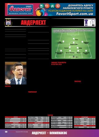 37 Андерлехт (Брюссель, Бельгия)
основная
гостевая
Европа
Успех «Андерлехта» назвал бы при-
ятной неожиданностью. Всё-таки
полагал, что из группы дальше вы-
йдут «Тоттенхэм» и «Монако». Но
бельгийский клуб сотворил чудо,
хотя турнир он начал из рук вон
плохоибыл,побольшомусчету,уже
списан. В первом туре «Андерлехт»
дома сыграл вничью с «Монако», во
втором проиграл в Азербайджане.
Предстояли спаренные матчи с
«Тоттенхэмом», и тут-то «Андер-
лехт» и преподнес сюрприз, одолев
лондонский клуб дома.
Всё равно шансы были невели-
ки. Перед предпоследним туром у
«Андерлехта»и«Карабаха»былопо
четыре очка, у «Монако» – шесть, и
монегаски принимали «Лиловых».
Тут-то и случился сюрприз: «Ан-
дерлехт» выиграл 2:0 и вышел в
лидеры в борьбе за второе место.
Учитывая, что в последнем туре
«Лиловые» принимали «Карабах»,
а монегаски гостили в Лондоне,
всё казалось ясным. Но был один
вариант:«Карабах»вслучаепобеды
в Брюсселе опережал «Андерлехт»
по личным показателям! И когда
азербайджанский чемпион повёл
в счете, подумалось о сенсации. Но
ненадолго.Непрошлоипятиминут,
как в счете вёл уже «Андерлехт», он
же спокойно довёл матч до победы.
Чемпионат
В чемпионате у «Андерлехта» всё
складывается неплохо. Да, он не
лидер, но не забываем, что в Бель-
гии после двухкругового турнира
набранные очки делятся пополам и
шесть очков отставания превраща-
ютсявтри,которыевдвухкруговом
турнире шести лучших команд
запросто отыгрываются. Так что
в чемпионате ничего не ясно, всё
самое интересное впереди. А со-
мнений, что «Андерлехт» окажется
в топ-шестерке, нет никаких.
Зимние трансферы
и состав‑2016
«Андерлехт» здорово поработал на
трансферномрынке.Брюссельский
клуб подписал четырех нович-
ков, трое из которых перешли в
аренду. Но дозаявить в еврокубки
можно только троих, и правый
бразильский защитник Рафаэль
Гальярдо стал четвертым лишним.
Этот выбор удивителен еще и с той
стороны, что Гальярдо ужеактивно
играет в основе. Впрочем, в по-
следнемянварскомматчеАчампонг
получил травму колена и выбыл на
неопределенный срок. После этого
«Андерлехт» и подписал голландца
Бюттнера (парень с сумасшедшим
ударом, благодаря которому по-
пал в «МЮ». Скорость у него тоже
ничего) из московского «Динамо»,
а также заявил его в еврокубки.
Наверное, неспроста, а потому не
очень хороши дела у Ачампонга.
Любопытно будет посмотреть
на серба Джуричича, который
блисталвголландскомчемпионате,
а в «Бенфике» просто сник, куда
чаще играя за вторую команду, чем
за первую. В Сербии растет очень
многооченьталантливоймолодёжи
(Живкович, Нинкович, Шапоньич,
Йович, Костич, Йойич, Милинко-
вич-Савич, Мандич, Максимович,
Гаич, Гайчинович, Райкович – еще
долго можно перечислять), но ни
один из них так не разочаровал
при переходе во взрослый футбол
(хотя некоторые еще не перешли),
как Джуричич. Так что для него
«Андерлехт» становится прекрас-
ным шансом повернуть карьеру в
нужное русло.
Прогноз
Болеть-то я буду за «Андерлехт», к
которому с детства дышу неровно.
Но склоняюсь к тому, что дальше
пройдет «Олимпиакос». И вовсе
не потому, что в очных матчах в
еврокубках «Оли» одержал три по-
беды из четырех, забивая в каждом
выигранном матче трешку. «Олим-
пиакос» богаче, у него получше
состав, ведь талантливейшие вос-
питанники «Андерлехта» (Тиле-
манс, Лукебакио, Дендонкер, Лейя
Исека, Боссин, Де Медина, Кавайя)
ещеслишкоммолодыинефакт,что
раскроются во взрослом футболе
именно в родном клубе.
Тот прогноз, в котором я лично
был бы рад ошибиться.
АндрейШАХОВ
Основан27 мая1908 года
Прозвище:«Лиловые»
Стадион:«КонстантванденСток»(28 063,
дляЕвропы –21 845)
Цвета:фиолетово‑белые
Трофеи:чемпионБельгии(33) –1947,
1949–1951,1954–1956,1959,1962,
1964–1968,1972,1974,1981,1985–1987,
1991,1993–1995,2000,2001,2004,2006,
2007,2010,2012,2013,2014;КубокБельгии
(9) –1965,1972,1973,1975,1976,1988,1989,
1994,2008;КубокКубков(2) –1976,1978;
КубокУЕФА –1983
Президент:РожеванденСток
НаивысшийрезультатвЕК:победывКуб-
кекубков‑1976,1978 иКубкеУЕФА –1983
Предыдущийсезон:вылетв1/16 ЛЕот
«Динамо»(Москва) –0:0,1:3
ВЛЕ‑2015/16:+3=1–2,голы8–6,второе
местовгруппеJ(«Тоттенхэм» –2:1 д,1:2 г,
«Карабах» –2:1 д,0:1 г,«Монако» –2:0 г,
1:1 д)
Матчивгруппе:Прото,Десхахт,Тилеманс,
Жийе,Окака,Эзекиель –6,Дендонкер,
Ачампонг,Дефур,Прат,Мбоджи,Нахар –5,
Суарес –4,Н’Сакала,Обрадович,Силла –3,
Конте –2,Кавайа,Лукебакио –1
Голывгруппе:Жийе –3,Окака –2,Нахар,
Ачампонг,Эзекиель –1
МПС:«Олимпиакос» –5:1 д,0:3 г
(КЕЧ‑1974/75,1/8),0:3 г,1:3 д(ЛЧ‑2013/14,
гр.)
Лидеры:Прото,Дефур,Прат
Ушли:Кавайя(ВиллемІІ,ар),Жийе(Нант),
Матис(Вестерло,ар)
Пришли:Баджи(Башакшехир,2),Рафаэль
Гальярдо(Сантос,1) –незаявлен,Джури-
чич(Бенфика,ар),Бюттнер(ДинамоМ,ар)
состав
Вратари
1 СильвиоПРОТО		 23.05.83	 184	 72
23 ФранкБУКС		 27.09.86	 181	 81
33 ДейвиРУФ		 06.02.94	 187	 84
Защитники
3 ОливьеДЕСХАХТ		 16.02.81	 185	 75
4 СериньеКараМБОДЖИ	 Сенегал	 22.11.89	 195	 85
14 БрамНЮЙТИНК	 Голландия	 04.05.90	 183	 75
21 ФабрисН`САКАЛА	 Франция	 21.07.90	 178	 69
28 АлександерБЮТТНЕР	 Голландия	 11.02.89	 174	 68
37 ИванОБРАДОВИЧ	 Сербия	 25.07.88	 181	 74
39 ЭнтониВАНДЕНБОРРЕ		 24.10.87	 185	 80
Полузащитники
7 ЭндиНАХАР	 Гондурас	 16.03.93	 170	 68
8 СтефанБАДЖИ	 Сенегал	 18.01.90	 190	 87
10 ДеннисПРАТ		 14.05.94	 174	 65
11 ФилипДЖУРИЧИЧ	 Сербия	 30.01.92	 176	 71
16 СтивенДЕФУР		 15.04.88	 173	 64
17 ИбрахимаКОНТЕ	 Гвинея	 03.04.91	 177	 61
18 ФранкАЧАМПОНГ	 Гана	 16.10.93	 169	 65
19 ОсвальАЛЬВАРЕС	 Колумбия	 11.06.95	 176	 77
31 ЮриТИЛЕМАНС		 07.05.97	 176	 72
32 ЛеандерДЕНДОНКЕР		 15.04.95	 188	 76
Нападающие
9 МатиасСУАРЕС	 Аргентина	 09.05.88	 176	 69
26 ИдриссаСИЛЛА	 Гвинея	 03.12.90	 187	 75
46 ДодиЛУКЕБАКИО		 24.09.97	 187	 75
93 ИмохЭЗЕКИЕЛЬ	 Нигерия	 24.10.93	 170	 69
99 СтефаноОКАКА	 Италия	 09.08.89	 186	 83
Тренер
БесникХАШИ	 Албания	 29.12.71
58 СВ «ФУТБОЛ» Еврокубки 2015/16. Плей-офф
Прото
МбоджиДесхахт (Нюйтинк)Бюттнер (Десхахт,
Ачампонг)
Дефур
Нахар (Ванден
Борре)
Тилеманс
Лукебакио
(Нахар)
Прат
(Эзекиель)
Джуричич (Прат)
Окака
Албанскийтренер«Андерлехта»БесникХаши,долгоевремязащищавшийцвета
команды и бывший ее капитаном, использует разные схемы – и 4–3–3, и 4–4–2
(с трапецией в середине поля), и 4–2–3–1.
Андерлехт – Олимпиакос
 