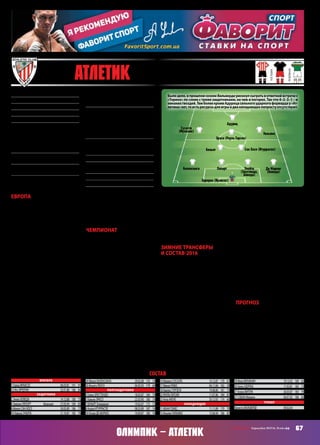 67СВ «ФУТБОЛ» Еврокубки 2015/16. Плей-офф
Олимпик – Атлетик
Европа
Еврокубки для «Атлетика» начались
еще в самом конце июля, но бильба-
инцынефорсировалиформуподних.
Тем более они были научены горьким
опытом прошлого сезона, когда вся
претемпорада была заточена под
успешную квалификацию ЛЧ с «На-
поли», что вылилось в жуткие муче-
ния в следующие несколько месяцев.
Квалификацию же Лиги Европы
можнобылопройтиненамаксималь-
ных оборотах, что и произошло. С
азербайджанским «Интером» у «Ат-
летика»проблемневозникловообще,
а главная трудность противостояния
с «Жилиной» заключалась в том, что
параллельно бильбаинцы рубились
за Суперкубок с «Барсой» (см. ниже).
«Облегчённый» состав «Атлетика»,
ведя 2:0 на поле обидчика «Ворсклы»,
ухитрился сгореть 2:3, но дома выму-
чил победу с нужным счетом. В груп-
пе же, которая далеко не была легкой,
«Атлетик»показалсебявовсейкрасе.
ВообщегруппаLотличаласькакой-то
аномальной результативностью и
лихими развязками, а в плане перво-
го показателя балом правили как раз
бильбаинцы, наколотившие 16 голов.
В начале дистанции могли воз-
никнуть сомнения в прохождении
группы басками, ведь на смену воле-
войпобеденад«Аугсбургом»пришло
поражение от АЗ. Но две безапелля-
ционных победы над «Партизаном»
вывели бильбаинцев на первое место
в квартете. Момент истины же насту-
пилвсумасшедшейвыезднойвстрече
с «Аугсбургом», когда «Атлетик» еще
за 8 минут до конца проигрывал 1:2,
но «дубль» великолепного Адурица
склонил чашу весов на сторону
гостей.
Чемпионат
Год назад «Атлетик» тоже плохо
начал чемпионат, но тогда самый
титулованный клуб Эускади кол-
басило весь первый круг. Нынче же
период турбулентности длился куда
меньше и не в последнюю очередь
был связан с максимально плотным
графикомнастартесезона.«Атлетик»
все силы бросил на суперкубковую
битву с «Барселоной», которая была
выиграна в красивейшем стиле – 4:0,
1:1! Этот трофей стал первым для
«львов» с 1984 года – немудрено, что
они далеко не сразу пришли в себя
послепразднеств!Послесемитуровв
активе«Атлетика»значилосьвсего-то
четыре пункта, но ведь бильбаинцы
в этом отрезке сыграли со всеми
представителями нынешней первой
четверки, кроме «Атлетико»!
Ну а дальше команда Эрнесто
Вальверде начала неуклонно под-
ниматься в турнирной таблице,
демонстрируя довольно агрессивный
и результативный футбол. Особенно
доставалось соперникам на «Нуэво
Сан Мамесе», где «Атлетик» играет с
утроеннойэнергией.Навыездевсёже
случаютсяказусытипанеожиданного
влёта «Гранаде», когда провалился
перспективный Ляпорт.
«Атлетик» поднялся в еврокубко-
вую зону, но последние результаты
говорят о том, что о Лиге чемпионов
«львы» могут только мечтать, и их
реальная задача – зона Лиги Европы.
Бильбаинцы уступили «Атлетико»,
«Севилье» и «Барселоне», а дома не
смогли дожать «Вильярреал».
Зимние трансферы
и состав‑2016
Об особенности кадровой политики
«Атлетика» наслышаны все, кто
интересуется Примерой. Нынешнее
баскское поколение футболистов
можнооценитькакдовольносильное,
раз «Атлетик» постоянно светится в
еврокубкахиотнюдьнеотбываеттам
номер. Ведь свежи в памяти времена,
когдабильбаинцыдажезавыживание
в Примере сражались!
Игровые козыри «Атлетика» при-
вычны: прекрасная игра на втором
этаже, физическая мощь, стандарты,
агрессия на флангах и в единобор-
ствах. Из личностей отметим очень
сильного тренера Эрнесто Вальвер-
де, улучшающегося с годами как то
вино бомбардира Аритца Адурица,
юных талантов Иньяки Уильямса
(скоростьу«Пантеры»сумасшедшая,
футбольногоуманехватает,ноиногда
он выдает такие технические шедев-
ры, как гол «Эспаньолу» и Ляпорта
(периодически привозит, но «Барса»
ведёт его до сих пор), наконец-то
начавшего раскрываться в Бильбао
в полной мере глубинного плеймей-
кера Беньята, агрессивного опорника
Сан-Хосе, который забивал «Барсе» с
центра поля.
Но в то же время остановился рост
Муниаина, который еще и совсем не-
давнотяжелуютравмуперенёс.Дуэль
с«Марселем»из-затравмыпропустит
центрхав широкого профиля Рауль
Гарсия, который идеально вписался
в «Атлетик» что по игровым, что
особенно по ментальным характе-
ристикам. Скамейка у бильбаинцев
не очень длинная, молодняку далеко
не всегда удается достойно заменить
основных исполнителей. В центре за-
щиты все напарники Ляпорта слабее
егосамого,провисаетлевыйкрайобо-
роны,уАдурицанетзамены,ноонтак
хорош,чтопростовнейненуждается,
когда здоров.
Прогноз
Букмекеры видят «Атлетик» фавори-
том противостояния с «Марселем».
Но бильбаинцам в этом отрезке
предстоит серьезный траверс: перед
первым матчем они поедут в гости к
«Реалу», в промежутке у них дерби с
«Сосьедадом», после – выезд к «Ва-
ленсии».Силёнокможетинехватить,
и вопрос приоритетов встаёт во весь
рост! И всё же поставлю на бильба-
инцев, которые на родном «Нуэво
Сан-Мамесе»способнырешитьисход
дуэли в свою пользу.
ИгорьЯСЛИК
Основан:1898
Прозвище:«Львы»
Стадион:«НуэвоСан-Мамес»(53 332)
Цвета:красно-белые
Президент:ЙосуУррутиа
Трофеи:чемпион(8) –1930,1931,1934,
1936,1943,1956,1983,1984;Кубок(23) –
1903,1904,1910,1911,1914,1915,1916,
1921,1923,1930,1931,1932,1933,1943,
1944,1945,1950,1955,1956,1958,1969,
1973,1984;Суперкубок –2(1984,2015)
НаивысшийрезультатвЕК:финалист
ЛЕ/КУЕФА –2(1977,2012)
Предыдущийсезон:группаЛЧ,1/16 ЛЕ
(«Торино» –2:2,2:3)
ВЛЕ‑2015/16:квалификация –«Интер»
Баку(2:0 д,0:0 г),«Жилина»(2:3 г,1:0 д),
+4=1–1,голы16–8,1 местовгруппеL
(«Аугсбург» –3:1 д,3:2 г;АЗ –1:2 г,2:2 д;
«Партизан» –2:0 г,5:1 д)
Матчи:Эррерин –6,Боведа,Ляпорт,
Сусаэта,Адуриц,РаульГарсия –5,Сан-Хосе,
Гурпеги,Элустондо,Эрасо,МикелРико,
Уильямс,Сабин –4,Эчейта,Баленсиага,
Беньят,Итурраспе,ДеМаркос –3,Лекуэ,
Акече,Сола,Вигера –2,Саборит,Ибаи –1
Голы:Адуриц –6,Беньят,Сусаэта,Уи-
льямс –2,СанХосе,Элустондо,Сола,Рауль
Гарсия –1
МПС:ранееневстречались
Лидеры:Адуриц,Ираисос,Ляпорт,Рауль
Гарсия
Ушли:Сола(Миддлсбро,ар)
Пришли:-
состав
Вратари
1 ГоркаИРАИСОС		 06.03.81	191	91
13 ЯгоЭРРЕРИН		 25.01.88	186	84
Защитники
2 ЭнекоБОВЕДА		 14.12.88	180	75
4 ЭмерикЛЯПОРТ	 Франция	 27.05.94	189	85
6 МикелСАН-ХОСЕ		 30.05.89	186	77
16 ХавьерЭЧЕИТА		 31.10.87	185	79
24 МикелБАЛЕНСИАГА		 29.02.88	176	74
30 ИньигоЛЕКУЭ		 04.05.93	179	69
Полузащитники
3 ГоркаЭЛУСТОНДО		 18.03.87	184	79
5 ХавьерЭРАСО		 22.03.90	180	74
7 БЕНЬЯТЭчеваррия		 19.02.87	175	72
8 АндерИТУРРАСПЕ		 08.03.89	187	74
10 ОскарДЕМАРКОС		 19.09.87	180	76
14 МаркелСУСАЭТА		 14.12.87	179	67
17 МикелРИКО		 04.11.84	182	78
18 КарлосГУРПЕГИ		 19.08.80	181	75
22 РАУЛЬГАРСИЯ		 11.07.86	184	81
23 АгерАКЕЧЕ		 30.12.93	174	66
Нападающие
11 ИБАИГОМЕС		 11.11.89	179	79
15 ИньякиУИЛЬЯМС		 15.06.94	186	81
19 ИкерМУНИАИН		 19.12.92	169	63
20 АрицАДУРИЦ		 11.02.81	182	73
21 БорхаВИГЕРА		 26.03.87	183	79
27 САБИНМерино		 04.01.92	186	83
Тренер
ЭрнестоВАЛЬВЕРДЕ		 09.02.64
25 Атлетик (ИСПАНИЯ, бильбао)
основная
гостевая
резервная
Эррерин (Ираисос) 
Эчейта
(Элустондо,
Боведа)
ЛяпортБаленсиага
Адуриц
Де Маркос
(Боведа)
Сан Хосе (Итурраспе)Беньят
Эрасо (Рауль Гарсия)
Уильямс
Сусаэта
(Муниаин) 
Было дело, в прошлом сезоне Вальверде рискнул сыграть в ответной встрече с
«Торино» по схеме с тремя защитниками, на чем и погорел. Так что 4–2–3–1 – и
никакихгвоздей.ТемболеекромеАдурицасильногоударногофорвардау«Ат-
летика»нет,тоестьресурсыдляигрывдванападающихпопростуотсутствуют.
 