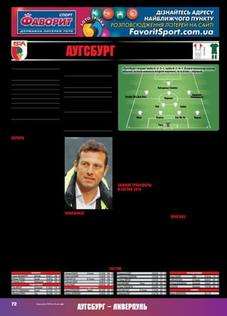 72 СВ «ФУТБОЛ» Еврокубки 2015/16. Плей-офф
Аугсбург – Ливерпуль
Европа
То, как «Аугсбург» вышел из груп-
пы, достойно восхищения. Груп-
па была тяжелая  – «Атлетик»,
«Партизан», АЗ и сам «Аугсбург»,
который не имел ни малейшего
еврокубкового опыта. Плюс на-
чалось всё для немецкого клуба
очень плохо. «Аугсбург» сначала
проиграл 1:3 в Бильбао, затем с тем
же счетом проиграл дома «Парти-
зану» из Белграда, у которого было
шесть очков после двух матчей.
Затем дважды был обыгран АЗ,
но «Атлетик» снова забил немцам
три мяча, теперь уже на «WWK
Арене», и перед визитом в Белград
в последнем туре «Аугсбург» от-
ставал на три очка от «Партизана».
При равенстве очков учитываются
результаты личных матчей, а дома
«Аугсбург» влетел, повторюсь, 1:3.
Немцам нужно было не просто
побеждать чемпиона Сербии, а
минимум 3:1. Началось всё плохо:
в дебюте «Партизан» открыл счет
и только перед перерывом, в ком-
пенсированное время, немцы его
сравняли. В начале второго тайма
«Аугсбург» забивает еще, но 2:1 его
не устраивают! В концовке немцы
пошли в атаку огромным силами и
добились своего усилиями Каюби
и Бобадильи. Первый отдал, вто-
рой – забил…
Чемпионат
Тут у «Аугсбурга» также всё скла-
дывалось плохо. Долгое время
замыкал турнирную таблицу, имея
в 12‑ти матчах только одну победу
и шесть очков. Зато в последующих
семи матчах «Аугсбург» не про-
играл ни разу, набрав 15 очков, и
эта беспроигрышная серия пре-
рвалась лишь в восьмом матче. По
очкам, набранным в этих турах,
«Аугсбург» делит второе место с
дортмундской«Боруссией»,уступая
лишь «Баварии»!
Зонувылета«Аугсбург»,конечно,
покинул, но плотность результатов
не дает южанам чувствовать себя
спокойно, и «Аугсбург», хоть и
идет 14‑м, опережает «Вердер», за-
нимающий место в зоне стыковых
матчей за выживание, лишь на
два очка.
«Аугсбург» – одна из тех команд,
которым легче даются гостевые
матчи. Вот он – резерв улучшения
результата!
Зимние трансферы
и состав‑2016
То, что чемпионат «Аугсбургу»
важнее прохода «Ливерпуля», а
это для немецкого еврокубкового
дебютанта может стать громадным
событием, подчеркивают зимние
трансферы. Немецкий клуб подпи-
сал трех известных игроков, но все
трое не могут быть заявлены на ев-
рокубки:Айетииз«Базеля»заигран
зачемпионаШвейцарии,защитник
Гауэлеу из АЗ даже против самого
«Аугсбурга» играл в Лиге Европы.
Исландец же Финнбогасон, хоть
и принадлежит баскскому «Реал
Сосьедаду», первую часть сезона
провёл в аренде в «Олимпиакосе» и
играл в Лиге чемпионов за коман-
ду, которая в итоге в Лигу Европы
опустилась!
«Аугсбург» дозаявил только тех,
кто был в команде и летом, но по
тем или причинам в заявку не по-
пал.ШтатовскийнападающийШон
Паркериганскийправыйзащитник
Даниэль Опаре не использовались
даже в чемпионате, где не сыграли
ни одного матча, да и в заявку не
могут пробиться. А вот чешский
центрхав Ян Моравек в последнее
время закрепился в основном
составе и реально может помочь
команде в матчах с «Ливерпулем».
Однако потери весомее. Дело не
столько в словенском нападающем
Матавже, который уехал в аренду в
«Дженоа», сколько в центральном
защитнике Кальсен-Бракере. Он
был основным, но получил очень
серьезную травму, по причине
которой его и отзаявили.
Прогноз
Конечно, «Ливерпуль» фаворит
и он должен пройти неопытный
немецкий клуб, в какой бы форме
«Аугсбург» ни находился. Тем паче
для «Ливерпуля» Лига Европы
может стать последней надеждой
пробиться в Лигу чемпионов. Но у
«Аугсбурга» есть дополнительный
стимул – «Красных» тренирует
немец Юрген Клопп, а победить со-
отечественника вдвойне приятно.
АндрейШАХОВ
Основан:1907
Прозвище:«фуггерштедтер»(вчесть
семействаФуггеров –самогоизвестногов
Аугсбурге)
Стадион:«WWKАрена»(30 660)
Цвета:красныйибелый
Президент:КлаусХофманн
Трофеи:-
НаивысшийрезультатвЕК:дебютант
Предыдущийсезон:-
ВЛЕ‑2015/16:+3=0–3,голы12–11,2‑еместо
вгруппеL(«Атлетик» –1:3 г,2:3 д,«Партизан»
Белград –1:3 д,3:1 г,АЗ –1:0 г,4:1 г)
Матчивгруппе:Хитц,Верхаг,Байер,
КуЧжаЧол –6,Троховски,ЖиДонВон,
Бобадилья –5,Клаван,Кальсен-Бракер,
Макс,Фойльнер,Кор,Эшшвайн,Матавж,
Каюби –4,Янкер,Вернер,Алтынтоп –3,
Стафилидис,ХонЮнХо –2
Голывгруппе:Бобадилья –6,Троховски –
2,Верхаг,ХонЮнХо,Алтынтоп,ЖиДон
Вон –1
МПС:с«Ливерпулем»невстречались
Лидеры:Верхааг,Хитц,Бобадилья
Ушли:Матавж(Дженоа,ар,0,5),Джурджич
(Фортуна,ар),Мёльдерс(Мюнхен,ар).Из-за
серьезнойтравмыотзаявленцентральный
защитникКальсен-Бракер
Пришли:Гауэлеу(АЗ,3 –заигранвЛЕ),Ай-
ети(Базель,1 –заигранвЛЧ),Финнбогасон
(РеалСосьедад,ар –заигранв«Олим-
пиакосе»),Томми(Кайзерслаутерн,вар),
Джурджич(Мальмё,вар)
состав
Вратари
1 АлексМАННИНГЕР	 Австрия	 04.06.77	 188	 84
24 ЯннисГЕЛИОС	 Греция	 24.04.92	 190	 76
35 МарвинХИТЦ	 Швейцария	 18.09.87	 192	 89
Защитники
2 ПолВЕРХАГ	 Голландия	 01.09.83	 178	 68
3 КостасСТАФИЛИДИС	 Греция	 02.12.93	 176	 74
4 ДаниэльОПАРЕ	 Гана	 18.10.90	 172	 65
5 РагнарКЛАВАН	 Эстония	 30.10.85	 186	 78
16 КристофЯНКЕР		 14.02.85	 185	 78
20 ХОНЮНХО	 Ю. Корея	 12.08.89	 186	 77
31 ФилиппМАКС		 30.09.93	 178	 74
40 ТимРИДЕР		 03.09.93	 186	 73
Полузащитники
7 ХалилАЛТЫНТОП	 Турция	 08.12.82	 186	 82
8 МаркусФОЙЛЬНЕР		 12.02.82	 181	 77
10 ДаниэльБАЙЕР		 18.05.84	 175	 73
11 АлександрЭШШВАЙН		 25.03.90	 181	 76
13 ТобиасВЕРНЕР		 19.07.85	 177	 67
14 ЯнМОРАВЕК	 Чехия	 01.11.89	 180	 75
15 ПетрТРОХОВСКИ		 22.03.84	 169	 70
19 КУЧЖАЧОЛ	 Ю. Корея	 27.02.89	 183	 75
21 ДоминикКОР		 31.01.94	 183	 75
Нападающие
9 ШонПАРКЕР	 США	 07.03.93	 179	 78
22 ЖИДОНВОН	 Ю. Корея	 28.05.91	 187	 78
25 РаульБОБАДИЛЬЯ	 Парагвай	 18.06.87	 180	 82
30 КАЮБИ	 Бразилия	 14.07.88	 183	 75
Тренер
МаркусВАЙНЦИРЛЬ		 28.12.74
94 Аугсбург (Германия)
основная
гостевая
Хитц
Хон Юн ХоКлаванМакс
Байер
Верхаг
Моравек
Эшшвайн
(Бобадилья)Каюби (Жи Дон Вон)
Бобадилья (Каюби)
Кор
«Аугсбург»играетлибо4–2–3–1,либо4–1–4–1.Есливпрошломсезоне
обычно использовался второй вариант, то в этом – первый.
 