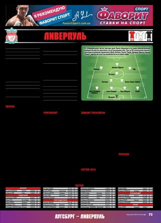73СВ «ФУТБОЛ» Еврокубки 2015/16. Плей-офф
Аугсбург – Ливерпуль
Европа
Традиционно какой-то значительной
ставки на Лигу Европы «Ливерпуль»
не делает, потому и Брендан Роджерс,
и Юрген Клопп смело эксперименти-
ровали в групповом раунде, исполь-
зуя большую обойму игроков, в том
числе резервистов.
Начинал «Ливерпуль»стрех кряду
ничьих 1:1 – команда оказывалась
неспособной удерживать преимуще-
ство, а в матче с «Рубином» полтора
тайма провела с численным преиму-
ществом, но добилась только ничьей.
К слову, подобные вещи случались и
в кубковых соревнованиях – когда
состав «Ливерпуля» оказывался уж
слишкомэкспериментальным,игране
клеиласьиничьябыласправедливым
результатом мучений «красных».
КактолькоКлоппвыставилсостав,
привычный для чемпионата, сразу
же пришли победы над «Рубином»
и «Бордо», которые и помогли ока-
заться на первом месте. С «Бордо»
«Ливерпуль» пропустил первым, но
уже к перерыву Милнер и Бентеке
поставили всё на свои места, а даль-
ше команда просто зафиксировала
нужный результат – как во втором
тайме матча с французами, так и
против «Сьона», где вообще ничья
устраивала всех, потому команды и
не напрягались.
Чемпионат
В чемпионате «Ливерпуль» лихора-
дит, но далеко от первой пятерки
«красные» всё же не отстают. С
приходом Клоппа «Ливерпуль» стал
играть в энергоемкий футбол с по-
стояннымпрессингом.Нофизически
иментальнокомандапокачтокэтому
не готова, что и приводит к дикой не-
стабильности, когда после 5:4 с «Нор-
вичем»идутубогие0:2 от«Лестера»,а
добротныематчисменяютсятеми,где
команда и не начинала играть.
Ничегоудивительноговэтомнет –
новый менеджер с совершенно иной
футбольной философией, чем у его
предшественникаБренданаРоджерса,
новые требования, новые приорите-
ты.ПерестроитьсяполучитсядайБог
чтоб в следующем сезоне, а пока «Ли-
верпуль»такибудетнепредсказуемой
на всю голову командой, от которой
никогданезнаешь,чегоожидатьвтом
или ином матче.
Побороться за места в четвёрке
вряд ли получится, потому «Ливер-
пулю» хорошо бы вспомнить о том,
что победа в ЛЕ даёт путевку в ЛЧ, но
дажевсильнейшемсоставе«красные»
вряд ли способны пройти здесь путь
до конца, а значит – не стоит замо-
рачиваться.
Зимние трансферы
«Ливерпуль» весь январь охотился
за Алексом Тейшейрой, но не пре-
успел. Атакующий полузащитник
«Шахтера» уехал в Китай, откуда
его не выковыряешь раньше лета за
сумму, которую «красные» не готовы
были платить зимой. Юрген Клопп
любит таких игроков – способных
прогрессировать, но такие деньги он
вряд ли потратит на одного игрока.
В конце концов, на одном бразильце
свет клином не сошелся.
Единственным трансфером «Ли-
верпуля», актуальным для ЛЕ, стала
аренда Стивена Колкера, которого
Клопп часто использует как напада-
ющего на последних минутах, когда
нужно продавить оборону. Странно,
почему ему для этих целей не под-
ходит Кристиан Бентеке, но в голове
немца всегда было место для необыч-
ных тактических решений.
Состав‑2016
В Лиге Европы многое будет зависеть
от мотивации «Ливерпуля», но как
минимум против «Аугсбурга» будет
играть состав, привычный для «крас-
ных»вкубковыхматчах –соСмитом,
Алленом, Туре, Айбом, возможно,
Росситером и Браннаганом.
Стоит учитывать и то, что через
три дня после ответного матча с
немцами у «Ливерпуля» будет финал
КубкаЛигис«МанСити»,иэтотматч,
где«красные»будутвшагеотпервого
трофея при Клоппе, куда важнее ев-
рокубковых баталий с «Аугсбургом».
А вот дальше, если удастся про-
биться, к примеру, в четвертьфинал
без сверхусилий, отношение Клоппа
к ЛЕ может измениться. Всё же,
когда команда будет находиться в
трех шагах от еще одного трофея и
путевки в ЛЧ, можно будет подумать
о смене приоритетов. Тем более что в
чемпионате прорваться в четверку не
представляется возможным.
Прогноз
Всёже,думается,что«Ливерпуль»по-
кинет ЛЕ если не после противостоя-
ния с «Аугсбургом», то в 1/8 финала –
болеевысокаямотивациясоперников
скажется. В плей-офф ЛЕ обычно по-
беждаеттот,ктобольшеэтогохочет,и
«Ливерпуль»раззаразомвпоследние
годы доказывал этот тезис, проигры-
ваято«Бешикташу»,то«Зениту»уже
в первых раундах плей-офф.
СергейБАБАРИКА
Основанв1892 году
Прозвище:Reds(«Красные»)
Стадион:«АнфилдРоуд»(45 362)
Цвета:красныйижёлтый
Трофеи:чемпион(18) –1901,1906,1922,
1923,1947,1964,1966,1973,1976,1977,
1979,1980,1982,1983,1984,1986,1988,
1990;Кубок(7) –1965,1974,1986,1989,
1992,2001,2003;КубокЛиги(8) –1981,
1982,1983,1984,1995,2001,2003,2012;Ку-
бокчемпионов(5) –1977,1978,1981,1984,
2005;КубокУЕФА(3) –1973,1976,2001,
СуперкубокУЕФА(2) –1977,2001
Владелец:ДжонГенри
Президент:ТомВернер
Наивысшийрезультатвеврокубках:
пятьпобедвКубкечемпионов –1977,1978,
1981,1984,2005
Предыдущийсезон:3‑еместовгруппо-
вомраундеЛЧс«Реалом»,«Базелем»и«Лу-
догорцем»,вылетв1/16 ЛЕот«Бешикташа»
МПС:с«Аугсбургом»неиграли
ВЛЕ‑2015/16:+2=4–0,голы6–4,1 место
вгруппеВ(«Сьон» –1:1 д,0:0 г,«Рубин» –
1:1 д,1:0 г,«Бордо» –1:1 г,2:1 д)
Матчи:Лаллана,ЭмреДжан,Миньоле –6,
Клайн,Ориги,АльбертоМорено –5,Коути-
ньоАллен,Айб,РобертоФирмино,Милнер,
Сахо,Туре –4,ЛукасЛейва,Ловрен,Бенте-
ке,Росситер –3,Ингс,Браннаган,Шкртел,
Гомес –2,Хендерсон,Смит,Чиривелья –1
Голы:Лаллана –2,Айб,Бентеке,Милнер,
ЭмреДжан –1
Лидеры:Милнер,Шкртел,Коутиньо
Ушли:-
Отзаявили:Ингс,Гомес,Богдан
Пришел:з.Колкер(КПР,ар)
Вратари
22 СимонМИНЬОЛЕ	 Бельгия	 06.08.88	 193	 57
52 ДанниУОРД	 Уэльс	 22.06.93	 191	 88
Защитники
2 НатаниэльКЛАЙН		 05.04.91	 175	 66
4 КолоТУРЕ	 Кот-д`Ивуар	 19.03.81	 183	 73
6 ДеянЛОВРЕН	 Хорватия	 05.07.89	 185	 77
17 МамадуСАХО	 Франция	 13.02.90	 185	 83
18 АльбертоМОРЕНОПерес	Испания	 05.07.92	 171	 65
19 СтивенКОЛКЕР		 29.12.91	 191	 76
26 ТиагоИЛОРИ	 Португалия	 26.02.93	 190	 80
37 МартинШКРТЕЛ	 Словакия	 15.12.84	 191	 81
44 БрэдСМИТ	 Австралия	 09.04.94	 178	 70
56 КоннорРЭНДАЛЛ		 21.10.95	 180	 76
Полузащитники
7 ДжеймсМИЛНЕР		 04.01.86	 176	 70
10 ФилиппеКОУТИНЬО	 Бразилия	 12.06.92	 170	 70
11 РОБЕРТОФИРМИНО	 Бразилия	 02.10.91	 181	 79
14 ДжорданХЕНДЕРСОН		 17.06.90	 182	 67
20 АдамЛАЛЛАНА		 10.05.88	 168	 72
21 ЛУКАСЛейва	 Бразилия	 09.01.87	 179	 73
23 ЭмреДЖАН	 Германия	 12.01.94	 188	 76
24 ДжоАЛЛЕН	 Уэльс	 14.05.90	 168	 78
32 КамеронБРАННАГАН		 09.05.96	 180	 71
33 ДжордонАЙБ		 08.12.95	 176	 71
46 ДжорданРОССИТЕР		 24.03.97	 178	 72
53 ЖоаоКарлосТЕЙШЕЙРА	 Португалия	 18.01.93	 176	 72
54 ШейиОДЖО		 19.06.97	 178	 64
68 ПедроЧИРИВЕЛЬЯ	 Испания	 23.05.97	 178	 66
Нападающие
9 КристианБЕНТЕКЕ	 Бельгия	 03.12.90	 191	 84
15 ДаниэльСТАРРИДЖ		 01.09.89	 185	 74
27 ДивокОРИГИ	 Бельгия	 18.04.95	 188	 80
48 ДжеромСИНКЛЕЙР		 20.09.96	 183	 79
Тренер
ЮргенКЛОПП	 Германия	 16.06.67
состав
основная
гостевая
резервная
46 Ливерпуль (англия)
Миньоле 
Туре (Шкртел)Сахо (Ловрен)Смит (Альберто
Морено) 
Бентеке (Ориги)
Клайн
Милнер Айб
Лаллана
Лаллана Аллен (Лукас Лейва)
У «Ливерпуля» есть состав для Лиги Европы и в нем обязательно
найдетсяместодлякого-тоизрезервистов.Так,вЛЕполучалиполно-
ценную игровую практику Джо Аллен, Коло Туре, Дивок Ориги, Брэд
Смит – вряд ли что-то изменится и в плей-офф.
 