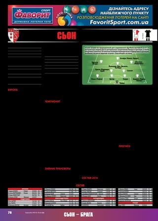 78 СВ «ФУТБОЛ» Еврокубки 2015/16. Плей-офф
Сьон – БРАГА
Европа
Какскромныйдажепошвейцарским –я
уже молчу про панъевропейские – мер-
кам «Сьон» оказался в Европе? Благо-
даря победе во внутреннем Кубке‑2015.
Болеетого,группаЛЕвтекущемсезоне –
первоевисторииклубаучастиевгруппе
еврокубка вообще! В середине 80‑х
«Сьон» добирался до четвертьфинала
КОК. В 90‑х еврокубковые кампании
«Сьона» ограничивались парой-четвёр-
кой игр. Затем клуб и вовсе балансиро-
вал на грани исчезновения по извечной
и единственной причине (финансовой),
но счастливая перезагрузка всё же про-
изошла – пройдя очищение вторым ди-
визионом,«Сьон»вернулсявэлиту.Вна-
чале 2010‑х «Сьон» вляпался в скандал.
Несмотря на запрет со стороны УЕФА,
президент клуба Кристиан Константен
заявил на сезон‑2011/12 новых игроков.
«Сьон» исключили из ЛЕ и лишили
36 очков во внутреннем чемпионате.
Чтобы вам подробно рассказать о
среднейжизнисреднегоклубавсреднем
швейцарскомчемпионате,предназначен
следующий раздел. Здесь же заострим
внимание на том, что текущий сезон
по праву претендует называться исто-
рическим для «Сьона». Команда очень
достойно выступила в непростой груп-
пе, не уступив «Ливерпулю» в очных
встречах.«Бордо»и«Рубин»тоженикак
не отнести к сладким булочкам. Да,
матчи с участием «Сьона» не радовали
зрелищностью и яркими красками
(только один «большевой» из шести),
но это лишь свидетельствует об умении
командыотталкиватьсяотсобственных
невысоких возможностей, танцевать от
печкиидобиватьсяприэтомрезультата.
А результат для «Сьона» действительно
классный. Судите сами: по сравнению с
началом осени «Сьон» рванул со 194‑го
местана120‑евтаблицекоэффициентов
УЕФА – динамика, уровень, жизнь!
Чемпионат
В первенстве Швейцарии заправляют
более знакомые нам по еврокубкам
«Базель», «Грассхоппер» и «Янг Бойз».
«Сьон»незанимаетиникогдаподолгуне
занималлидирующиепозиции.Кприме-
ру, в прошлом году, по итогам которого
клуб и очутился в Европе, «Сьон» занял
седьмоеместо.Втекущем –обосновался
напятом,приэтомимеяотрицательную
разностьмячей.Пораженийбольше,чем
побед(8 против7).Командаподвержена
настроению,ейсвойственнысерии –как
побед, так и поражений.
Короткое отступление. Возможно,
кто-то не понял, почему пятое место
клуба в чемпионате я описываю в
тёмных тонах. Всё дело в том, что в
Швейцарии высший дивизион состоит
из10 клубов,тоестьпозиция«Сьона»не
передовая, а на экваторе. Впрочем, вы-
летает из лиги всего один клуб, потому
ивконтекстевылетаговоритьо«Сьоне»
не совсем верно. Хотя сам по себе чем-
пионат, вернее его таблица, довольно
плотны, компактны. Ну если начинать
отсчётсовторогоместа –конкуренцией
«Базель» никто не напрягает.
Зимние трансферы
Казалось бы, нетоповый швейцарский
клуб, состав которого начинён преиму-
щественно молодыми футболистами.
Кроме Рето Циглера, поигравшего в
«Тоттенхэме» и «Сампдории», никого
широкая публика близко не знает. Но в
зимних трансферах клуба фигурируют
известные имена! Главное, конечно, –
Теофанис Гекас. 35‑летний грек послед-
ние три года провел в разных клубах
Турции, но европейское имя сделал
себе в Германии, где активно побегал за
«Байер»,«Герту»и«Айнтрахт».Особен-
но продуктивно получилось во Франк-
фурте. В сезоне‑2010/11 Гекас забил
16 мячей, стал четвёртым бомбардиром
сезона(послеГомеса,СиссеиНовакови-
ча), но даже его ощутимые старания не
спасли «Айнтрахт» от вылета.
Второе достаточно громкое приоб-
ретение «Сьона» – Антон Митрюшкин.
Этот молодой вратарь, которому едва
исполнилось 20 лет, уже несколько лет
проходит у европейских скаутов под
грифом «очень перспективный». Из-
вестностьприобрёлв2013‑мгоду,когда
на первенстве Европы среди юношей
до 17 лет Митрюшкин стал не просто
победителем турнира, но и лучшим
игроком. В финале Россия по пенальти
обыграла Италию (5:4), и вклад Ми-
трюшкина оценили по достоинству.
Вскоре он дебютировал за основной
состав«Спартака»,ставсамыммолодым
вратарём в истории клуба. Но занять
позицию первого номера у Антона
не получилось – слишком уверенно
смотрится Артём Ребров. Таким обра-
зом, Митрюшкин принял совершенно
правильное решение, отказавшись
просиживать на скамейке золотые годы
становления и переехав в Швейцарию.
Которая вполне может стать трампли-
ном в более серьезную Европу.
Состав‑2016
Система жизнедеятельности «Сьона»
предельно проста. В команду привлека-
ются молодые дарования со всего света
(преимущественно из Африки и ЦВЕ),
подвергаются огранке и продаются в
болеесостоятельныеклубы.Неслучайно
в заявке «Сьона» масса молодых футбо-
листов,которые«нанизываются»наболее
опытный костяк. К нему можно отнести
Ванинса, Циглера, Зверотича, Салатича,
Карлитоса. Характерная черта «Сьона» –
низкорослость. Что, естественно, не
касаетсяпривычных«высоких»позиций
центральных защитников. В остальном,
особенно в группе атаки, собраны мо-
бильные, скоростные футболисты, не
отличающиеся косой саженью в плечах
идвухметровымростом.Надодобавить,
что у «Сьона» всё в порядке с психологи-
ей. Команда без раскачки входит в игру,
частозабиваябыстрыеголы,приэтомне
выключается раньше времени, добывая
нужный результат в случае необходимо-
стинапоследнихминутах.Так,кпримеру,
было дома в игре с «Бордо» или в матче
первого круга против «Рубина».
Прогноз
«Брага» – крепкая команда, что мы не
разощущалилично,наблюдаязаиграми
наших команд против этих настойчи-
вых, целеустремленных португальцев.
Команда Пауло Фонсеки идёт фавори-
том в противостоянии со «Сьоном».
Конечно, это в какой-то мере должно
раскрепостить швейцарцев, которым
особо нечего терять. Но не думаю, что
только этих духовных категорий хватит
«Сьону»,чтобыпройтидальше.Больше
верю в класс «Браги», который в итоге
и окажется решающим фактором. Ну и
с легкостью читается минимальное ко-
личествомячейвэтомпротивостоянии.
ГригорийЗАЙДМАН
Основанв1909 году
Прозвище:«Красно-белые»
Стадион:«Турбийон»(14 500)
Цвета:красно-белые
Трофеи:чемпионШвейцарии(2) –1991/92,
1996/97;КубокШвейцарии(13) –1965.1974,
1980,1982,1986,1991,1995,1996,1997.2006,
2009,2011,2015
Президент:КристианКонстантен
Наивысшийрезультатвеврокубках:
четвертьфиналистКОК‑1986/87
Предыдущийсезон:неиграли
ВЛЕ‑2015/16:+2=3–1,голы5–5,2 местов
группеВ(«Рубин» –2:1 д,0:2 в;«Ливерпуль» –
1:1 в,0:0 д;«Бордо» –1:0 в,1:1 д)
Матчи:Ванинс,Циглер,Лакруа,Зверотич,
Салатич,Фернандес,Карлитос,Ассифуа –6,
Ндой,Конате –5,ПаМоду,МуджангиБиа –4,
Рюфли,Куасси,Фоллонье –3,Карлен –2,
Адао,Земан –1
Голы:Конате –2,Ассифуа,Лакруа –1
МПС:с«Брагой»неиграли
Лидеры:Конате,Карлитос,МуджангиБиа
Ушли:–
Пришли:Митрюшкин(Спартак,0,28),Чмелик
(Жилина,ар),Гекас(Эскешихерспор)
состав
Вратари
1 АндрисВАНИНС	 Латвия	 30.04.80	 186	 82
16 АнтонМИТРЮШКИН	 Россия	 08.02.96	 186	 79
18 КевинФИКЕНТШЕР		 06.07.88	 181	 75
30 АксельСАЛХИ	 Франция	 23.02.97
Защитники
3 РетоЦИГЛЕР		 16.01.86	 183	 77
4 ЛеоЛАКРУА		 27.02.92	 197	 93
20 ВильмошВАНЧАК	 Венгрия	 20.06.83	 188	 83
22 ВинсентРЮФЛИ		 22.01.88	 183	 75
31 ЭльсадЗВЕРОТИЧ		 31.10.86	 179	 73
34 БирамаНДОЙ	 Сенегал	 27.03.94
66 ГабриэльСИЧЕРО	 Венесуэла	 25.04.84	 184	 81
Полузащитники
6 КсавьеКУАССИ	 Кот-д`Ивуар	 28.12.89	 173	 66
8 ВеролюбСАЛАТИЧ		 14.11.85	 186	 81
17 ПАМОДУЯне	 Гамбия	 26.12.89	 176	 70
23 ПедроРАМИРЕС	 Венесуэла	 24.08.92	 165	 59
45 ЛукашЧМЕЛИК	 Словакия	 13.04.96	 182	 74
63 ДжеффриМУДЖАНГИБИА Бельгия	 12.08.89	 180	 74
92 ЖоакимАДАО	 Ангола	 14.07.92	 175	 68
Нападающие
7 ЭдмилсонФЕРНАНДЕС		 15.04.96	 190	 83
9 ЛломбеМБОЙО	 Бельгия	 22.04.87	 190	 83
10 КАРЛИТОС	 Португалия	 06.09.82	 176	 72
11 МартинЗЕМАН	 Чехия	 28.03.89	 175	 68
12 ГрегориКАРЛЕН		 30.01.95	 185	 79
14 МуссаКОНАТЕ	 Сенегал	 03.04.93	 183	 77
21 ЭбенизерАССИФУА	 Гана	 03.07.93	 176	 70
33 ТеофанисГЕКАС	 Греция	 23.05.80	 179	 76
94 ДаниэльФОЛЛОНЬЕ		 18.01.94	 184	 76
Тренер
ДидьеТОЛО	 Франция	 02.04.64
120 Сьон (Швейцария)
основная
гостевая
Ванинс
ЛакруаЦиглерЖанье (Рюфли) 
Салатич
Зверотич (Рюфли,
Ванчак)
Куасси (Фернандес,
Ндой) 
Фоллонье
(Фернандес)
Карлитос
(Земан)
Фернандес (Биа, Карлитос,
Па Моду)
Ассифуа (Конате, Карлен)
«Сьон» играет по традиционной для современного футбола системе 4–2-3–1, в
которой вне споров места центральных защитников Лакруа и Циглера, а также
опорникаСалатича.Остальныепозициипериодическиподвергаютсяротации,
особенно тасуются верхние игроки, отвечающие за атаку.
 