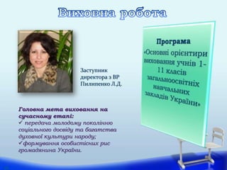 Головна мета виховання на
сучасному етапі:
 передача молодому поколінню
соціального досвіду та багатства
духовної культури народу;
формування особистісних рис
громадянина України.
Заступник
директора з ВР
Пилипенко Л.Д.
34
 