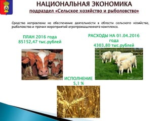Средства направлены на обеспечение деятельности в области сельского хозяйства,
рыболовства и прочих мероприятий агропромышленного комплекса.
ПЛАН 2016 года
85152,47 тыс.рублей
РАСХОДЫ НА 01.04.2016
года
4303,80 тыс.рублей
ИСПОЛНЕНИЕ
5,1 %
 