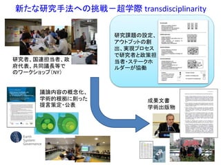 新たな研究手法への挑戦－超学際 transdisciplinarity
研究課題の設定、
アウトプットの創
出、実現プロセス
で研究者と政策担
当者・ステークホ
ルダーが協働
研究者、国連担当者、政
府代表、共同議長等で
のワークショップ（NY）
議論内容の概念化、
学術的根拠に則った
提言策定・公表
成果文書
学術出版物
 