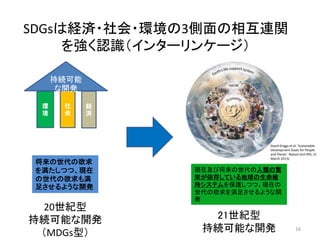 16
SDGsは経済・社会・環境の3側面の相互連関
を強く認識（インターリンケージ）
環
境
社
会
経
済
持続可能
な開発
将来の世代の欲求
を満たしつつ、現在
の世代の欲求も満
足させるような開発
20世紀型
持続可能な開発
（MDGs型）
21世紀型
持続可能な開発
現在及び将来の世代の人類の繁
栄が依存している地球の生命維
持システムを保護しつつ、現在の
世代の欲求を満足させるような開
発
David Griggs et al. ‘Sustainable
Development Goals for People
and Planet.’ Nature (Vol 495, 21
March 2013).
 