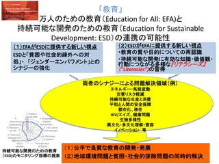 0
20
40
60
80
100
1. Problem
solving skills
2. Knowledge
of global
environmen…
3. Civic values
and attitudes
4. ESD Policy
& System5.
Incorporation
of ESD in…
6. Inclusion of
ESD in
teacher…
7. Tools and
materials for
ESD
8. Research
on ESD
9.
International
cooperation…
「教育」
万人のための教育（Education for All: EFA)と
持続可能な開発のための教育（Education for Sustainable
Development: ESD）の連携の可能性
（１）EFAがESDに提供する新しい視点
ESDと「貧困や社会的疎外への対
処」・ 「ジェンダーエンパワメント」との
シナジーの強化
（２）ESDがEFAに提供する新しい視点
・教育の質や目的についての再認識
・持続可能な開発に有効な知識・価値観・
行動につながる多様な『リテラシーズ』
（”Literacies”)の習得
両者のシナジーによる問題解決領域（例）
エネルギー・気候変動
災害リスク軽減
持続可能な生産と消費
平和と人間の安全保障
都市化、移住
HIV/エイズ、健康問題
生物多様性
異文化・多文化理解・寛容
イノベーション 等
（１）公平で良質な教育の開発・発展
（２）地球環境問題と貧困・社会的排除問題の同時的解決18
持続可能な開発のための教育
（ESD)のモニタリング指標の提案
 