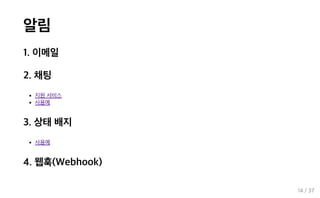 알림
1. 이메일
2. 채팅
지원 서비스
사용예
3. 상태 배지
사용예
4. 웹훅(Webhook)
14 / 37
 