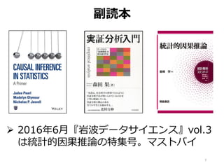 副読本
7
Ø 2016年6⽉『岩波データサイエンス』vol.3
は統計的因果推論の特集号。マストバイ
 