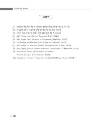 2016년 ICT산업 메가트렌드
102
참고문헌
[1] 산업부의 자율주행 자동차 기술개발 방향(한국산업기술평가관리원, 2014년)
[2] 자율주행 자동차 기술개발 동향(정보통신기술진흥센터, 2015년)
[3] 자동차 산업 패러다임 변화에 대한 Q&A(KB투자증권, 2016년)
[4] Self-Driving cars: The Next Revolution(KPMG, 2014년)
[5] Self-Driving Cars: Disruptive or Incremental?(Google etc, 2015년)
[6] The Pathway to Driverless Cars(UK Dept. for Transport, 2015년)
[7] Self-Driving the New Auto Industry Paradigm(Morgan Stanley, 2013년)
[8] Self-Driving Vehicles: Current Status and Implications(U. of Minnesota, 2014년)
[9] Autonomous Vehicle Implementation Predictions
(Victoria Transport Policy Institute, 2015년)
[10] Automotive revolution – Perspective towards 2030(McKinsey & Co., 2016년)
 
