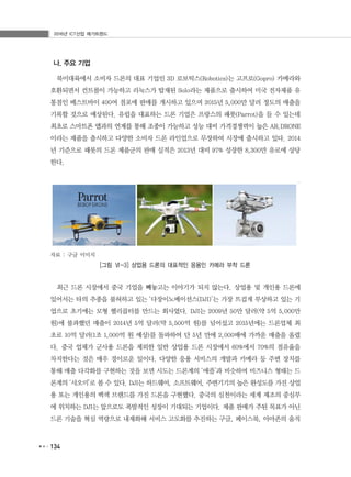 2016년 ICT산업 메가트렌드
134
나. 주요 기업
북미대륙에서 소비자 드론의 대표 기업인 3D 로보틱스(Robotics)는 고프로(Gopro) 카메라와
호환되면서 컨트롤이 가능하고 리눅스가 탑재된 Solo라는 제품으로 출시하여 미국 전자제품 유
통점인 베스트바이 400여 점포에 판매를 개시하고 있으며 2015년 5,000만 달러 정도의 매출을
기록할 것으로 예상된다. 유럽을 대표하는 드론 기업은 프랑스의 패롯(Parrot)을 들 수 있는데
최초로 스마트폰 앱과의 연계를 통해 조종이 가능하고 성능 대비 가격경쟁력이 높은 AR.DRONE
이라는 제품을 출시하고 다양한 소비자 드론 라인업으로 무장하여 시장에 출시하고 있다. 2014
년 기준으로 패롯의 드론 제품군의 판매 실적은 2013년 대비 97% 성장한 8,300만 유로에 상당
한다.
자료 : 구글 이미지
[그림 Ⅵ-3] 상업용 드론의 대표적인 응용인 카메라 부착 드론
최근 드론 시장에서 중국 기업을 빼놓고는 이야기가 되지 않는다. 상업용 및 개인용 드론에
있어서는 타의 추종을 불허하고 있는 ‘다장이노베이션스(DJI)’는 가장 뜨겁게 부상하고 있는 기
업으로 초기에는 모형 헬리콥터를 만드는 회사였다. DJI는 2009년 50만 달러(약 5억 5,000만
원)에 불과했던 매출이 2014년 5억 달러(약 5,500억 원)를 넘어섰고 2015년에는 드론업체 최
초로 10억 달러(1조 1,000억 원 예상)를 돌파하여 단 5년 만에 2,000배에 가까운 매출을 올렸
다. 중국 업체가 군사용 드론을 제외한 일반 상업용 드론 시장에서 60%에서 70%의 점유율을
차지한다는 것은 매우 경이로운 일이다. 다양한 응용 서비스의 개발과 카메라 등 주변 장치를
통해 매출 다각화를 구현하는 것을 보면 시도는 드론계의 ‘애플’과 비슷하며 비즈니스 형태는 드
론계의 ‘샤오미’로 볼 수 있다. DJI는 하드웨어, 소프트웨어, 주변기기의 높은 완성도를 가진 상업
용 또는 개인용의 백색 브랜드를 가진 드론을 구현했다. 중국의 심천이라는 세계 제조의 중심부
에 위치하는 DJI는 앞으로도 폭발적인 성장이 기대되는 기업이다. 제품 판매가 주된 목표가 아닌
드론 기술을 혁심 역량으로 내재화해 서비스 고도화를 추진하는 구글, 페이스북, 아마존의 움직
 