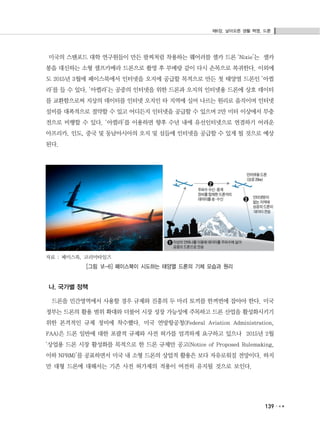 제6장. 날아오른 생활 혁명, 드론
139
미국의 스탠포드 대학 연구원들이 만든 팔찌처럼 착용하는 웨어러블 셀카 드론 ‘Nixie’는 셀카
봉을 대신하는 소형 셀프카메라 드론으로 촬영 후 부메랑 같이 다시 손목으로 복귀한다. 이외에
도 2015년 3월에 페이스북에서 인터넷을 오지에 공급할 목적으로 만든 첫 태양열 드론인 ‘아퀼
라’를 들 수 있다. ‘아퀼라’는 공중의 인터넷을 위한 드론과 오지의 인터넷용 드론에 상호 데이터
를 교환함으로써 지상의 데이터를 인터넷 오지인 타 지역에 실어 나르는 원리로 움직이며 인터넷
설비를 대폭적으로 절약할 수 있고 어디든지 인터넷을 공급할 수 있으며 2만 미터 이상에서 무충
전으로 비행할 수 있다. ‘아퀼라’를 이용하면 향후 수년 내에 유선인터넷으로 연결하기 어려운
아프리카, 인도, 중국 및 동남아시아의 오지 및 섬들에 인터넷을 공급할 수 있게 될 것으로 예상
된다.
자료 : 페이스북, 코리아타임즈
[그림 Ⅵ-6] 페이스북이 시도하는 태양열 드론의 기체 모습과 원리
나. 국가별 정책
드론을 민간영역에서 사용할 경우 규제와 진흥의 두 마리 토끼를 한꺼번에 잡아야 한다. 미국
정부는 드론의 활용 범위 확대와 더불어 시장 성장 가능성에 주목하고 드론 산업을 활성화시키기
위한 본격적인 규제 정비에 착수했다. 미국 연방항공청(Federal Aviation Administration,
FAA)은 드론 일반에 대한 포괄적 규제와 사전 허가를 엄격하게 요구하고 있으나 2015년 2월
‘상업용 드론 시장 활성화를 목적으로 한 드론 규제안 공고(Notice of Proposed Rulemaking,
이하 NPRM)’를 공표하면서 미국 내 소형 드론의 상업적 활용은 보다 자유로워질 전망이다. 하지
만 대형 드론에 대해서는 기존 사전 허가제의 적용이 여전히 유지될 것으로 보인다.
 