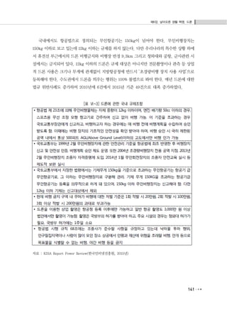 제6장. 날아오른 생활 혁명, 드론
141
국내에서도 항공법으로 정의되는 무인항공기는 150kg이 넘어야 한다. 무인비행장치는
150kg 이하로 보고 있는데 12kg 이하는 규제를 하지 않는다. 다만 우리나라의 특수한 상황 하에
서 휴전선 부근에서의 드론 비행금지와 비행장 반경 9.3km 그리고 청와대와 공항, 군사관련 시
설에서는 금지되어 있다. 12kg 이하의 드론은 규제 대상은 아니지만 전문촬영이나 관측 등 상업
적 드론 사용은 크기나 무게에 관계없이 지방항공청에 반드시 ‘초경량비행 장치 사용 사업’으로
등록해야 한다. 수도권에서 드론을 띄우는 행위는 100% 불법으로 봐야 한다. 매년 드론에 대한
법규 위반사례도 증가하여 2010년에 6건에서 2015년 기준 49건으로 대폭 증가하였다.
[표 Ⅵ-3] 드론에 관한 국내 규제조항
자료 : KISA Report Power Review(한국인터넷진흥원, 2015년)
 