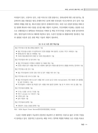 제6장. 날아오른 생활 혁명, 드론
143
아쉬움이 있다. 고장이나 실수, 조종 미숙으로 인한 충돌사고, 전파교란에 의한 조종 불가능, 항
공에서의 충돌 위험성은 항상 존재하기에 드론에 대한 안전성과 저고도에서의 감시 등의 기술
대책과 비행을 위한 법, 제도의 환경 정비가 전제되어야 한다. 또한 드론 산업의 발전을 위해 산
업 경쟁력 확보와 미래 시장을 선도할 제품 개발이 시급하다. 무인비행체 국산화는 상당한 수준
으로 진행되었으나 광학(EO)·적외선(IR) 카메라 등 핵심 부가가치를 구성하는 탑재 임무장비의
경우, 원천기술의 부족으로 해외에 의존하고 있다. 드론이 민간용으로 활용되려면 정보통신 기술
과 융합된 다음과 같은 관련 핵심 기술의 개발이 필요하다.
[표 Ⅵ-4] 드론 관련 핵심기술
항공 무인이동시스템 통신/항법/교통관리 기술
▪ 항공 무인이동시스템의 국가공역으로의 안전한 통합을 위해 필요한 고신뢰도 무인기 제어링크 기술
▪ 항재밍/항기만 항법 및 대체항법 기술
▪ 차세대 항공교통관리와의 통합 및 차세대 항공교통관리 기술
항공 무인이동체 제어 및 탐지/회피 기술
▪ 항공 무인이동체의 이착륙과 비행제어 및 자율화 향상 기술
▪ 안전한 비행과 임무 수행을 위해 다른 비행체나 물체 등의 위험요소를 탐지하고 충돌을 회피하는 탐지회피 기술
항공 무인이동시스템 센서 기술
▪ 항공 무인이동체의 안전한 운항 지원 및 임무 수행을 위한 센서 기술
항공 무인이동시스템 S/W 및 응용 기술
▪ 항공 무인이동체의 제어 및 임무 수행을 위한 고신뢰 실시간 OS와 interoperability 지원 개방형 S/W 플랫폼
및 표준 인터페이스 기술
▪ 무인이동체가 수행하게 될 특정한 임무 수행을 위해 필요한 탑재체 기술 및 빅 데이터 처리 등 응용 기술
항공 무인이동체 플랫폼 기술
▪ 다기능 초경량 소재 및 구조물 기술
▪ 무인기 actuator 및 기계/전기 기술
▪ 다학제 설계 기술
▪ 설계 자동화 기술
항공 무인이동체 동력원 기술
▪ 친환경적 고성능·고효율 동력원 기술
자료 : KISA Report Power Review(한국인터넷진흥원, 2015년)
드론은 다양한 융합이 가능하여 산업적인 파급력이 큰 매력적인 시장으로 많은 국가와 기업들
이 달려들고 있다. 일반적인 드론보다는 해당 서비스 영역에 적합한 특화된 드론 시장을 목표로
 