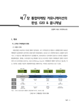 149
제7장 통합마케팅 커뮤니케이션의
완성, O2O & 옴니채널
김형택 대표 (마켓케스트)
1. 개요
가. 고객과 구매채널의 변화
(1) 유통의 변화
유통산업은 50년마다 커다란 변화가 일어났다. 초기 지역상점 및 카탈로그 판매방식에서 1860년
백화점이 등장하면서 본격적인 유통시장이 형성되었다. 1910년 도시 외곽에 대규모 쇼핑몰이 들어
서고 그 다음으로 대형 할인마트가 등장했으며, 2000년대 초 인터넷의 등장으로 인터넷 쇼핑몰이
활성화되었다. 현재는 스마트폰의 보급 확대와 기존 온･오프라인 기반의 구매채널의 경계가 사라지
면서 온･오프라인을 넘나드는 크로스오버(Cross Over)로 구매패턴의 변화가 일어나고 있는데, 이
는 인터넷 쇼핑몰 다음의 유통패러다임을 변화시키는 커다란 요인이라고 볼 수 있다.
자료 : 2016 쇼핑시장의 현황과 전망(DMC미디어, 2016년 1월)
[그림 Ⅶ-1] 유통산업 구조의 변화
 