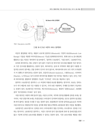 제7장. 통합마케팅 커뮤니케이션의 완성, O2O & 옴니채널
159
자료: blog.lgcns.com/565
[그림 Ⅶ-5] BLE 비콘의 서비스 동작원리
비콘이 활성화된 계기는 애플이 iOS7에 블루투스(Bluetooth) 기반의 BLE(Bluetooth Low
Energy) 기술을 적용한 아이비콘(iBeacon) 기능을 탑재하면서부터다. 현재 O2O & 옴니채널에
활용되고 있는 비콘은 ‘와이파이 및 GPS방식’, ‘블루투스 BLE방식’, ‘사운드방식’, ‘LED방식’이다.
GPS와 와이파이는 별도 단말기 설치 없이 기설치 된 위치기반 인프라를 활용한 비콘 방식으
로 기존 인프라를 활용한다는 장점이 있다. 와이파이는 실내 외 지역에서 제한 없이 사용할 수
있지만 GPS의 경우에는 건물 안에서 인식이 되지 않으며, 와이파이와 GPS 모두 위치 오차범위
가 커 정확도가 떨어진다는 단점이 있다. 유클리드(Euclid Analytics), 스왐(Swarm), 니어바이
(Nearby), 노미(Nomi) 등이 GPS와 와이파이를 활용한 비콘 방식을 적용하고 있다. KT는 비콘
과 와이파이를 결합하여 양방향이 가능한 ‘기가비콘’ 서비스를 제공하고 있다.
블루투스 BLE방식은 블루투스 4.0 버전에 적용된 BLE를 활용하는 방식이다. BLE는 전력소
모가 적기 때문에 오랜 기간 사용할 수 있으며, 가격 또한 저렴하며, 무제한 동기화가 가능하다
는 장점이 있다. BLE방식은 아이비콘, 에스티모토(Estimote), 퀄컴의 ‘김발(Gimbal)’, SK텔레
콤의 ‘위즈턴(WIZ-TURN)’ 등이 있다.
사운드방식은 사람의 귀에 들리지 않는 사운드(고주파, 저주파) 방식을 활용해 신호를 보내는 방
식이다. 비콘 단말기에 보내는 특정신호를 스마트폰이 인지하여 반응하는 것으로 블루투스를 활성
화 하지 않아도 정보를 수신할 수 있는 장점이 있다. SK플래닛이 인수한 샵킥(Shopkick)은 저주파
사운드방식으로 매장입구에 비콘을 설치해 매장 방문고객에게 쇼핑정보와 할인 쿠폰을 제공했다.
LED방식은 LED조명으로 신호를 보내 스마트폰에서 빛을 인식하는 조도센서로 신호를 수신
하는 방식이다. LED방식은 블루투스, 사운드 방식과 달리 정보전송에 전파 및 음파간섭을 받지
않고 기존에 설치된 LED조명을 활용할 수 있다는 장점이 있다. 기존 LED조명을 제품을 생산
 