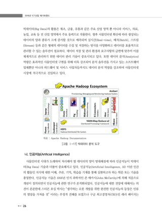 2016년 ICT산업 메가트렌드
26
빅데이터(Big Data)의 활용은 제조, 금융, 유통과 같은 주요 산업 영역 뿐 아니라 서비스, 의료,
농업, 교육 등 전 산업 영역에서 주요 동력으로 작용한다. 향후 사물인터넷 확산에 따라 생성되는
데이터의 양과 종류가 크게 증가할 것으로 예측되며 실시간(Real-time), 배치(Batch), 스트림
(Stream) 등과 같은 형태의 데이터를 수집 및 저장하는 방식을 다양화하고 데이터를 효율적으로
관리할 수 있는 솔루션이 필요하다. 데이터 저장 및 관리 환경과 요구사항의 급변에 맞추어 이를
체계적으로 관리하기 위한 데이터 관리 기술이 중요시되고 있다. 또한 데이터 분석(Analytics)
역량은 효과적인 사물인터넷 구현을 위해 더욱 강조되어 분석 솔루션을 가지고 있는 소프트웨어
업체뿐만 아니라 하드웨어 및 서비스 사업자들까지도 데이터 분석 역량을 강조하며 사물인터넷
시장에 적극적으로 진입하고 있다.
자료 : Apache Hadoop Documentation
[그림 Ⅰ-17] 빅데이터 분석 도구
나. 인공지능(Artificial Intelligence)
사물인터넷 시대가 도래하여 처리해야 될 데이터의 양이 방대해짐에 따라 인공지능이 빅데이
터(Big Data) 기술과 더불어 중요해지고 있다. 인공지능(Artificial Intelligence, AI) 이란 인간
의 활동인 지식에 대한 이해, 추론, 기억, 학습을 기계를 통해 실현하고자 하는 학문 또는 기술을
총칭한다. 인공지능 기술은 1956년 인지 과학자인 존 매카시(John McCarthy)에 의해 처음으로
개념이 정의되면서 인공지능에 관한 연구가 본격화되었다. 인공지능에 대한 전망에 대해서는 의
견이 분분한데 스티븐 호킹 박사는 “생각하는 로봇 개발을 위한 완전한 인공지능의 등장은 인류
의 멸망을 가져올 것” 이라는 부정적 견해를 보였으나 구글 최고경영자(CEO)인 래리 페이지는
 