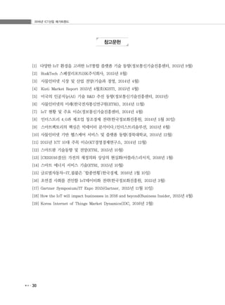 2016년 ICT산업 메가트렌드
30
참고문헌
[1] 다양한 IoT 환경을 고려한 IoT통합 플랫폼 기술 동향(정보통신기술진흥센터, 2015년 9월)
[2] Biz&Tech 스페셜리포트(SK주식회사, 2015년 8월)
[3] 사물인터넷 시장 및 산업 전망(기술과 경영, 2014년 4월)
[4] Kisti Market Report 2015년 4월호(KISTI, 2015년 4월)
[5] 미국의 인공지능(AI) 기술 R&D 추진 동향(정보통신기술진흥센터, 2015년)
[6] 사물인터넷의 미래(한국전자통신연구원(ETRI), 2014년 11월)
[7] IoT 현황 및 주요 이슈(정보통신기술진흥센터, 2014년 4월)
[8] 인더스트리 4.0과 제조업 창조경제 전략(한국정보화진흥원, 2014년 5월 30일)
[9] 스마트팩토리의 핵심은 빅데이터 분석이다.(인더스트리솔루션, 2015년 6월)
[10] 사물인터넷 기반 헬스케어 서비스 및 플랫폼 동향(경북대학교, 2014년 12월)
[11] 2015년 ICT 10대 주목 이슈(KT경영경제연구소, 2014년 12월)
[12] 스마트팜 기술동향 및 전망(ETRI, 2015년 10월)
[13] [CES2016결산] 가전의 재정의와 상상의 현실화(아틀라스리서치, 2016년 1월)
[14] 스마트 에너지 서비스 기술(ETRI, 2015년 10월)
[15] 글로벌자동차-IT,불붙은 ‘합종연횡’(한국경제, 2016년 1월 10일)
[16] 초연결 사회를 견인할 IoT데이터화 전략(한국정보화진흥원, 2015년 3월)
[17] Gartner Symposium/IT Expo 2015(Gartner, 2015년 11월 10일)
[18] How the IoT will impact businesses in 2016 and beyond(Business Insider, 2015년 4월)
[19] Korea Internet of Things Market Dynamics(IDC, 2016년 2월)
 