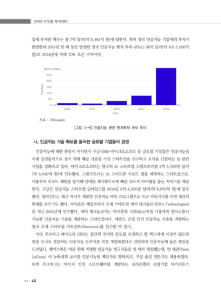 2016년 ICT산업 메가트렌드
40
업에 투자된 액수는 총 7억 달러(약 8,464억 원)에 달한다. 특히 영국 인공지능 기업에의 투자가
활발한데 2015년 한 해 동안 발생한 영국 인공지능 벤처 투자 규모는 36억 달러(약 4조 3,000억
원)로 2014년에 비해 70% 오른 수치이다.
자료 : CBInsight
[그림 Ⅱ-6] 인공지능 관련 벤처투자 규모 추이
나. 인공지능 기술 확보를 둘러싼 글로벌 기업들의 경쟁
인공지능에 대한 관심이 커지면서 구글･IBM･마이크로소프트 등 글로벌 기업들은 인공지능을
미래 성장동력으로 삼기 위해 해당 기술을 가진 스타트업을 인수하고 조직을 신설하는 등 관련
사업을 강화하고 있다. 마이크로소프트는 영국의 AI 스타트업 스위프트키를 2억 5,000만 달러
(약 3,040억 원)에 인수했다. 스위프트키는 AI 스마트폰 키보드 앱을 제작하는 스타트업으로,
사용자의 키보드 패턴을 분석해 단어를 제시함으로써 빠른 속도의 타이핑을 돕는 서비스를 제공
한다. 구글은 인공지능 스타트업 딥마인드를 2014년 5억 8,200만 달러(약 6,970억 원)에 인수
했다. 딥마인드는 최근 자사가 개발한 인공지능 바둑 프로그램으로 프로 바둑기사를 이겨 세간의
화제를 모으기도 했다. 아마존은 케임브리지 소재 스타트업 에비 테크놀로지(Evi Technologies)
를 지난 2012년에 인수했다. 에비 테크놀로지는 아이폰의 시리(Siri)처럼 사용자와 언어소통이
가능한 인공지능 기술을 개발하는 스타트업이다. 애플도 감정 인식 인공지능 기술을 개발하는
영국 소재 스타트업 이모션트(Emotient)를 인수한 바 있다.
마크 주크버그 페이스북 CEO는 집안의 전기와 온도를 조절하고 딸 맥스에게 이상이 없도록
방을 수시로 점검하는 인공지능 도우미를 직접 개발하겠다고 선언하며 인공지능에 높은 관심을
드러냈다. 페이스북은 이를 위해 저명한 인공지능 연구자들을 잇 따라 영입했는데, 얀 레쿤(Yann
LeCunn) 미 뉴욕대학 교수를 인공지능팀 책임자로 발탁하고, 구글 출신 전문가도 채용하였다.
또한 주크버그는 이미지 인식 소프트웨어를 개발하는 실리콘밸리 신생기업 비카리우스
 