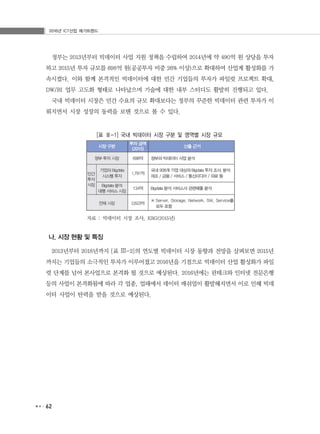 2016년 ICT산업 메가트렌드
62
정부는 2013년부터 빅데이터 사업 지원 정책을 수립하여 2014년에 약 490억 원 상당을 투자
하고 2015년 투자 규모를 698억 원(공공투자 비중 26% 이상)으로 확대하여 산업계 활성화를 가
속시켰다. 이와 함께 본격적인 빅데이터에 대한 민간 기업들의 투자가 파일럿 프로젝트 확대,
DW/BI 업무 고도화 형태로 나타났으며 기술에 대한 내부 스터디도 활발히 진행되고 있다.
국내 빅데이터 시장은 민간 수요의 규모 확대보다는 정부의 꾸준한 빅데이터 관련 투자가 이
뤄지면서 시장 성장의 동력을 보탠 것으로 볼 수 있다.
[표 Ⅲ-1] 국내 빅데이터 시장 구분 및 영역별 시장 규모
자료 : 빅데이터 시장 조사, KRG(2015년)
나. 시장 현황 및 특징
2013년부터 2018년까지 [표 Ⅲ-2]의 연도별 빅데이터 시장 동향과 전망을 살펴보면 2015년
까지는 기업들의 소극적인 투자가 이루어졌고 2016년을 기점으로 빅데이터 산업 활성화가 파일
럿 단계를 넘어 본사업으로 본격화 될 것으로 예상된다. 2016년에는 핀테크와 인터넷 전문은행
등의 사업이 본격화됨에 따라 각 업종, 업태에서 데이터 매쉬업이 활발해지면서 이로 인해 빅데
이터 사업이 탄력을 받을 것으로 예상된다.
 